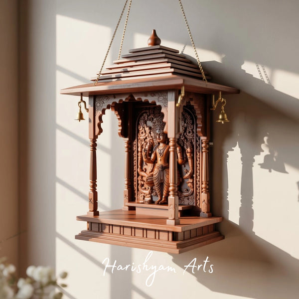 Divya Narayan Teak Wood Mandir Wall Hanging Temple with Brass Bells