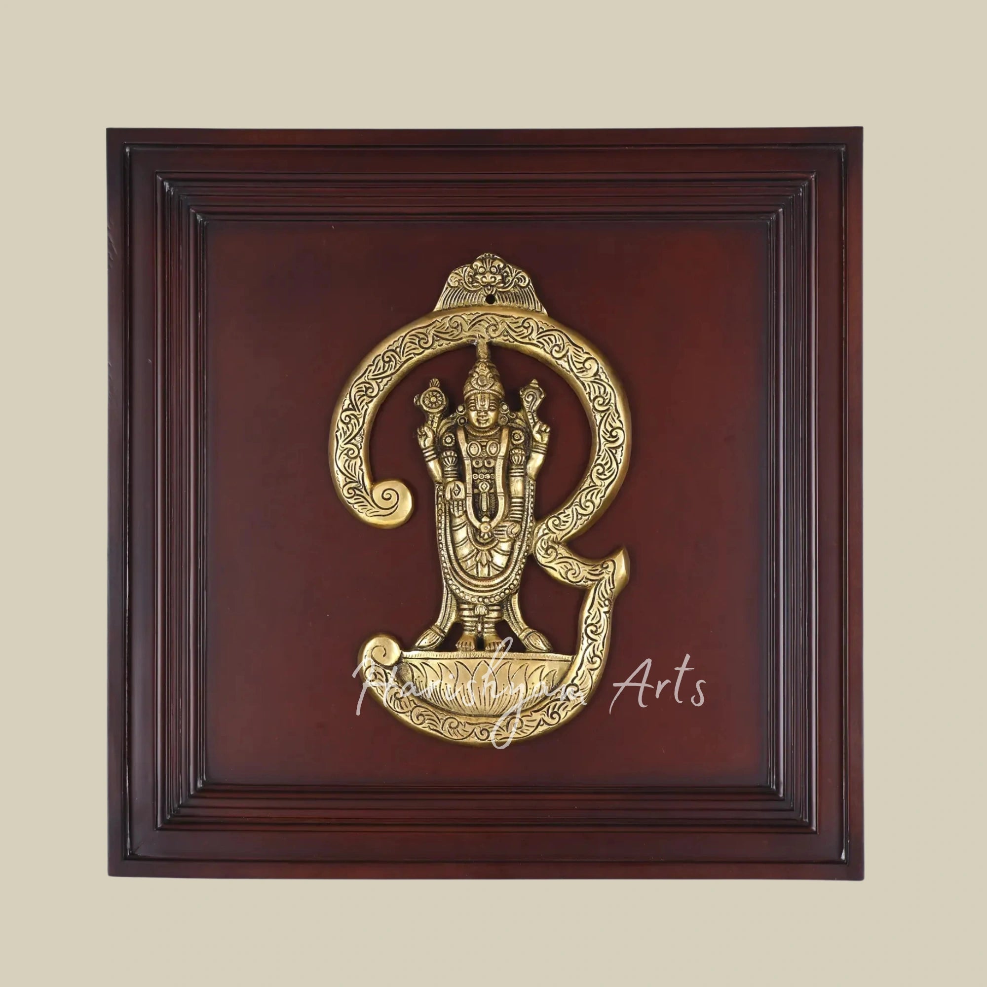 20 Tamil Om Lord Venkateshvara Brass Wall Sculpture with Wooden Frame