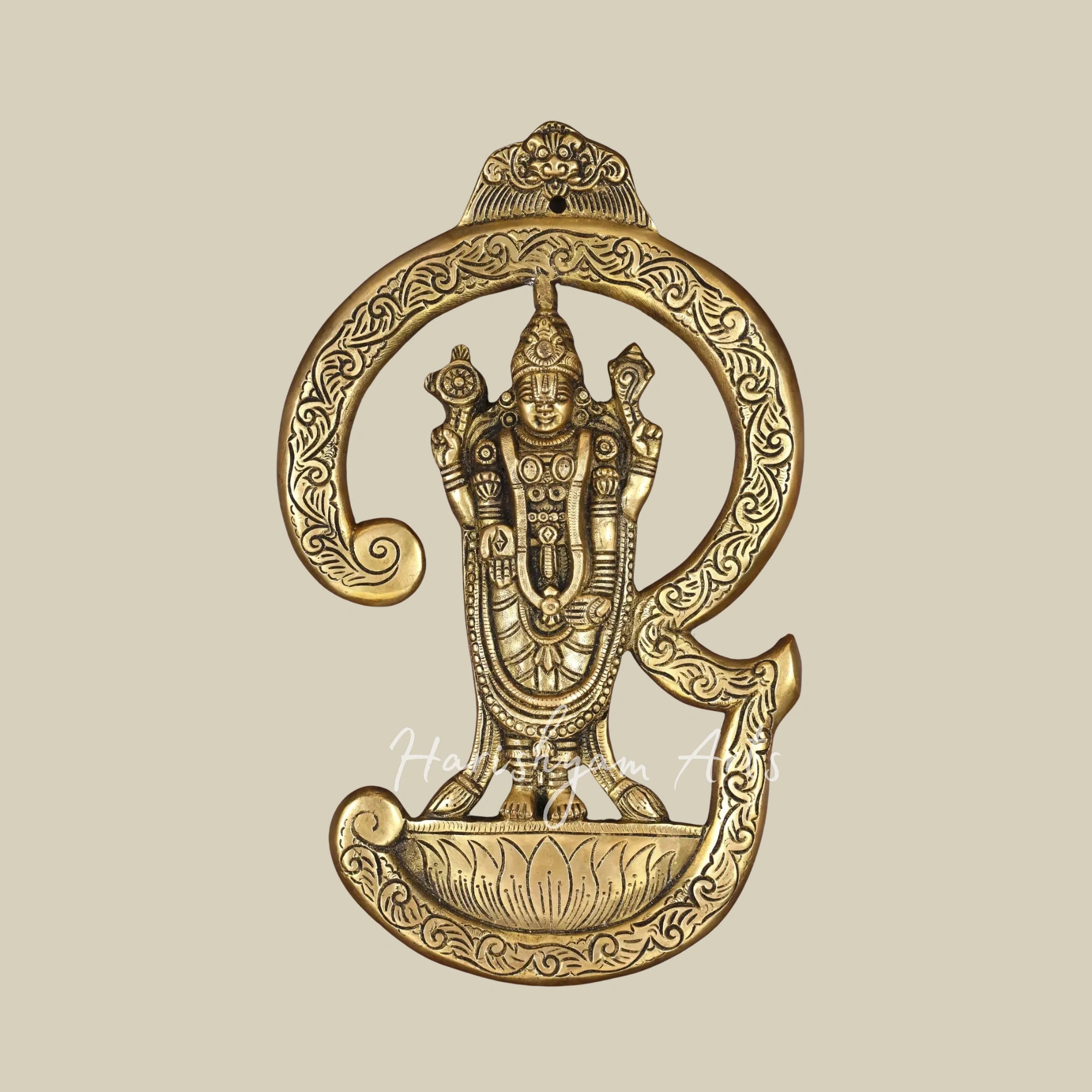 20 Tamil Om Lord Venkateshvara Brass Wall Sculpture with Wooden Frame