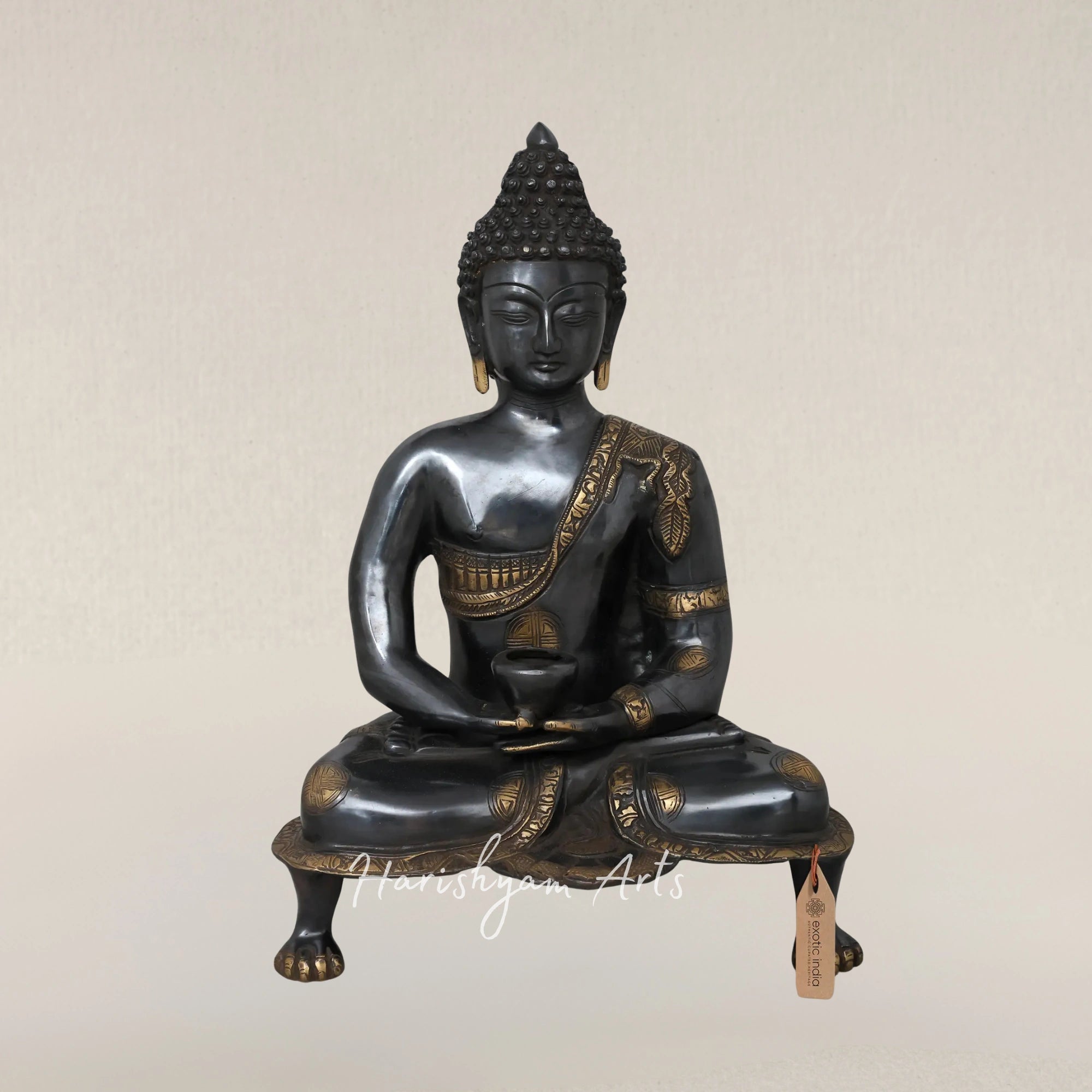 20" Black Brass Buddha Statue in Dhyana Mudra with Robes Carved with Life of Buddha Scenes
