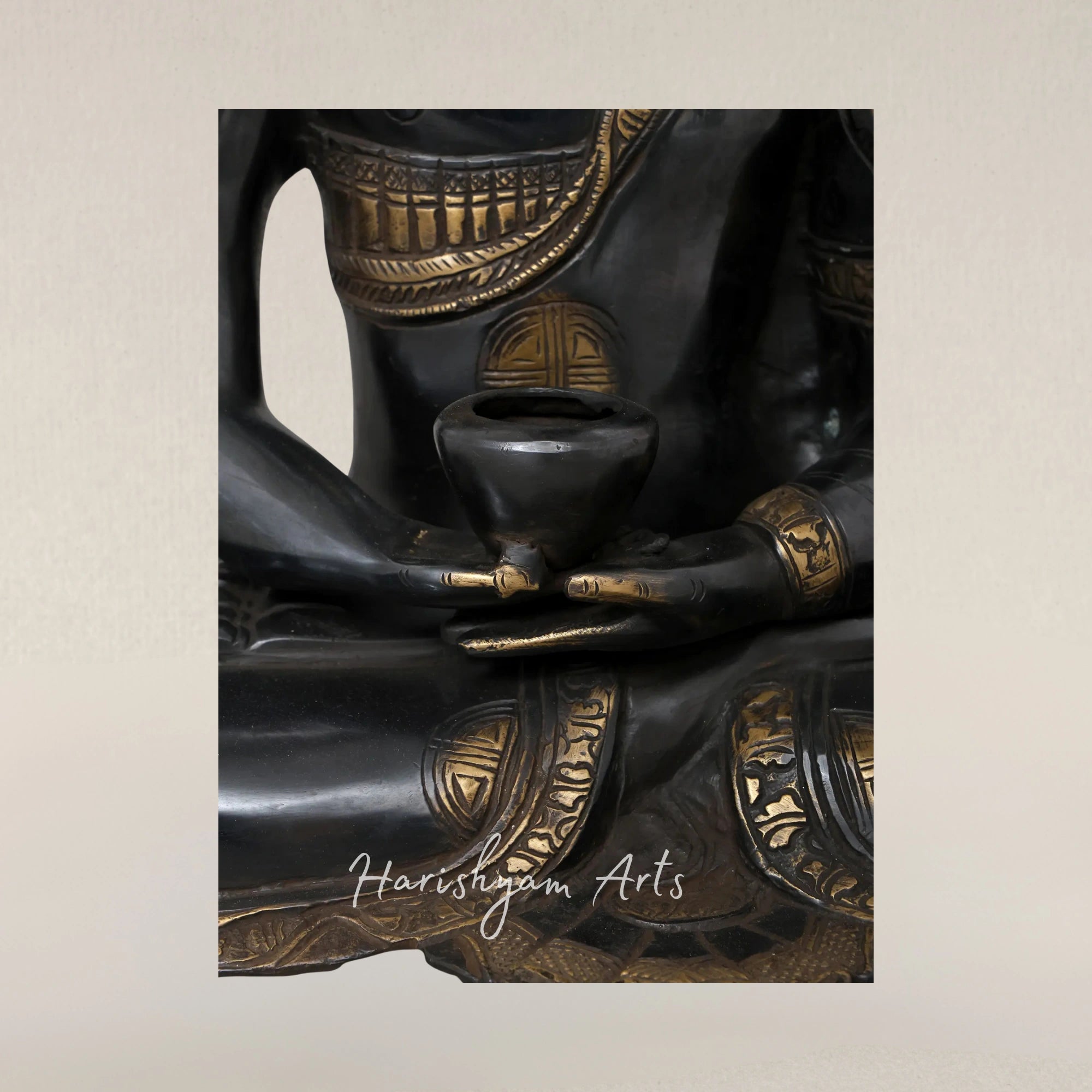 20" Black Brass Buddha Statue in Dhyana Mudra with Robes Carved with Life of Buddha Scenes