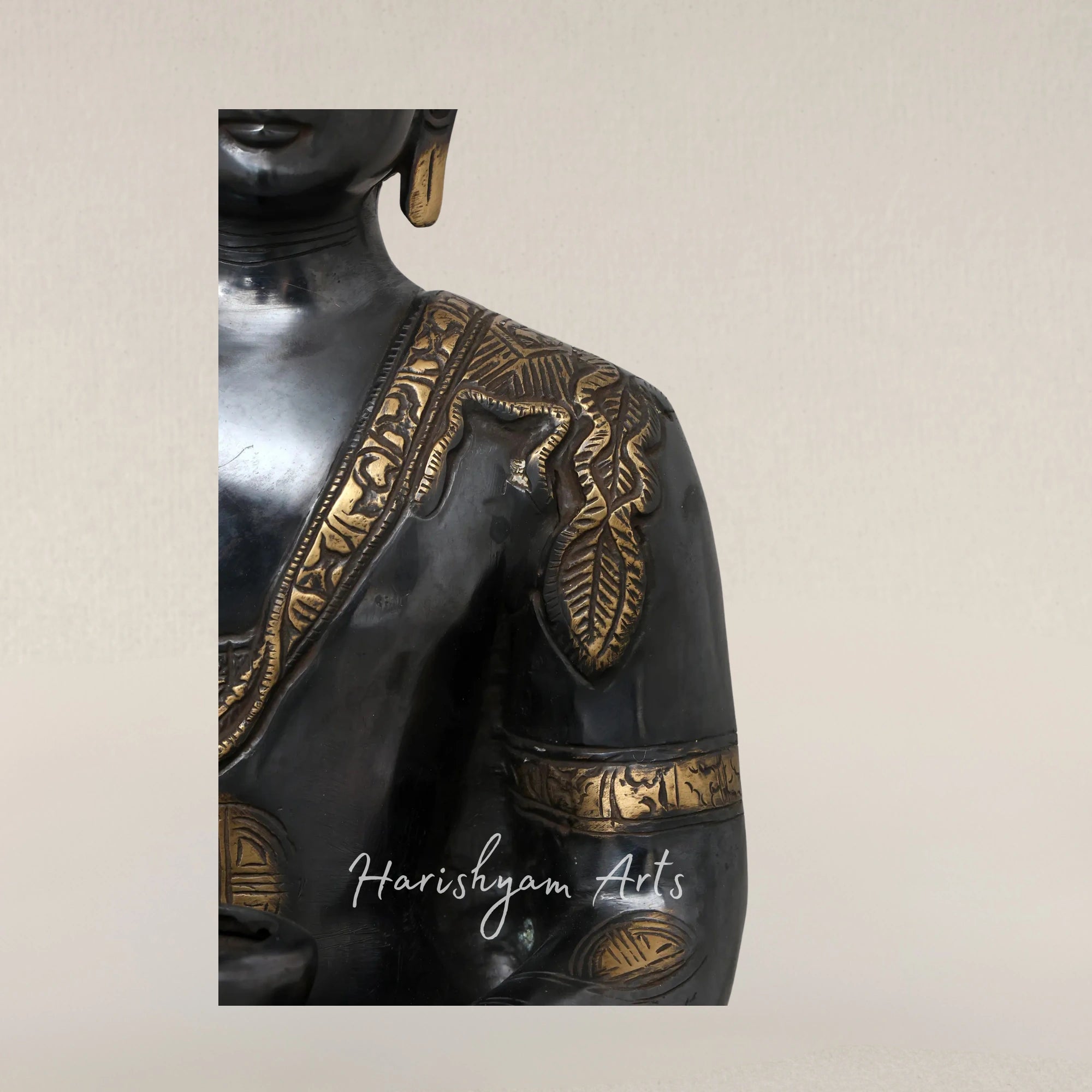 20" Black Brass Buddha Statue in Dhyana Mudra with Robes Carved with Life of Buddha Scenes