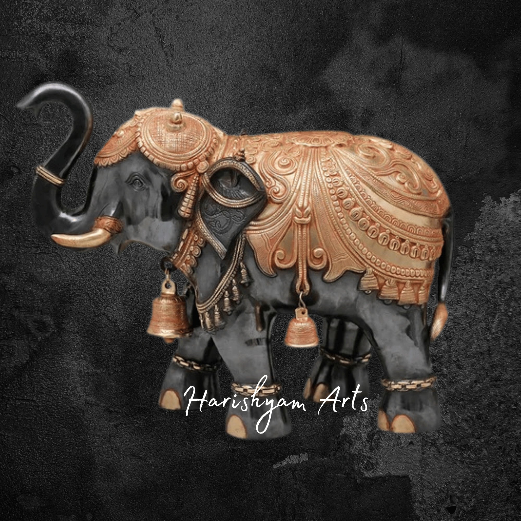 20" Black and Gold Brass Elephant Statue with Upward Trunk