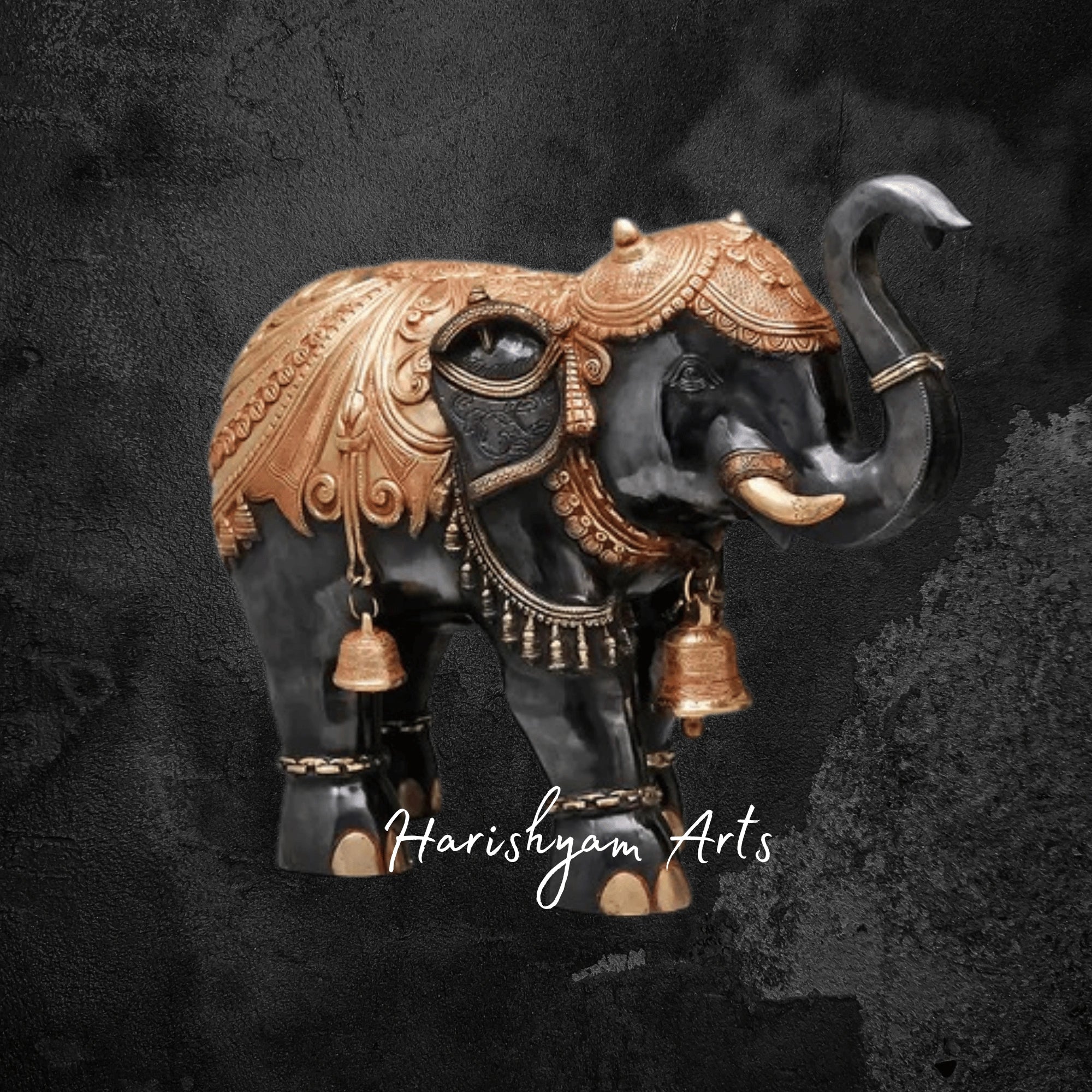 20" Black and Gold Brass Elephant Statue with Upward Trunk