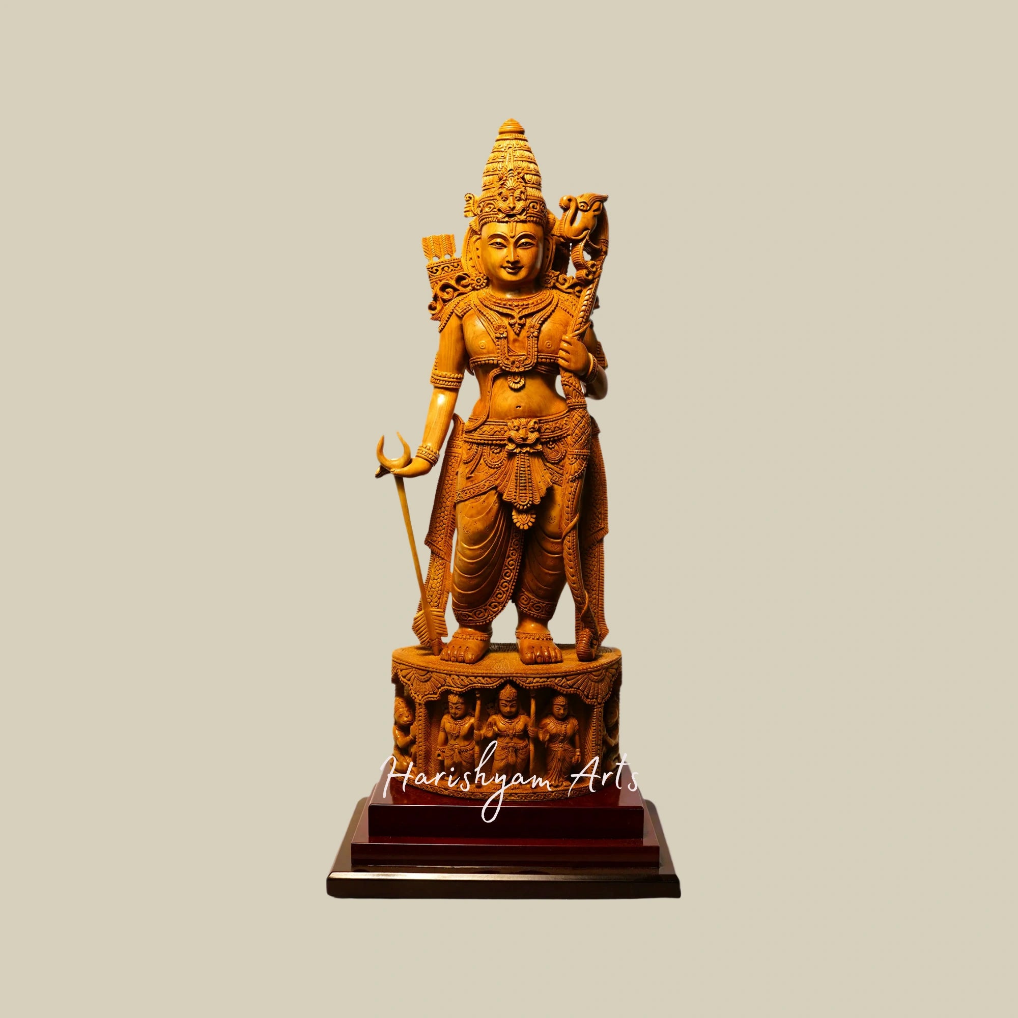 20" Detailed Ram Darbar Wooden Sculpture with Lord Rama on Round Base1