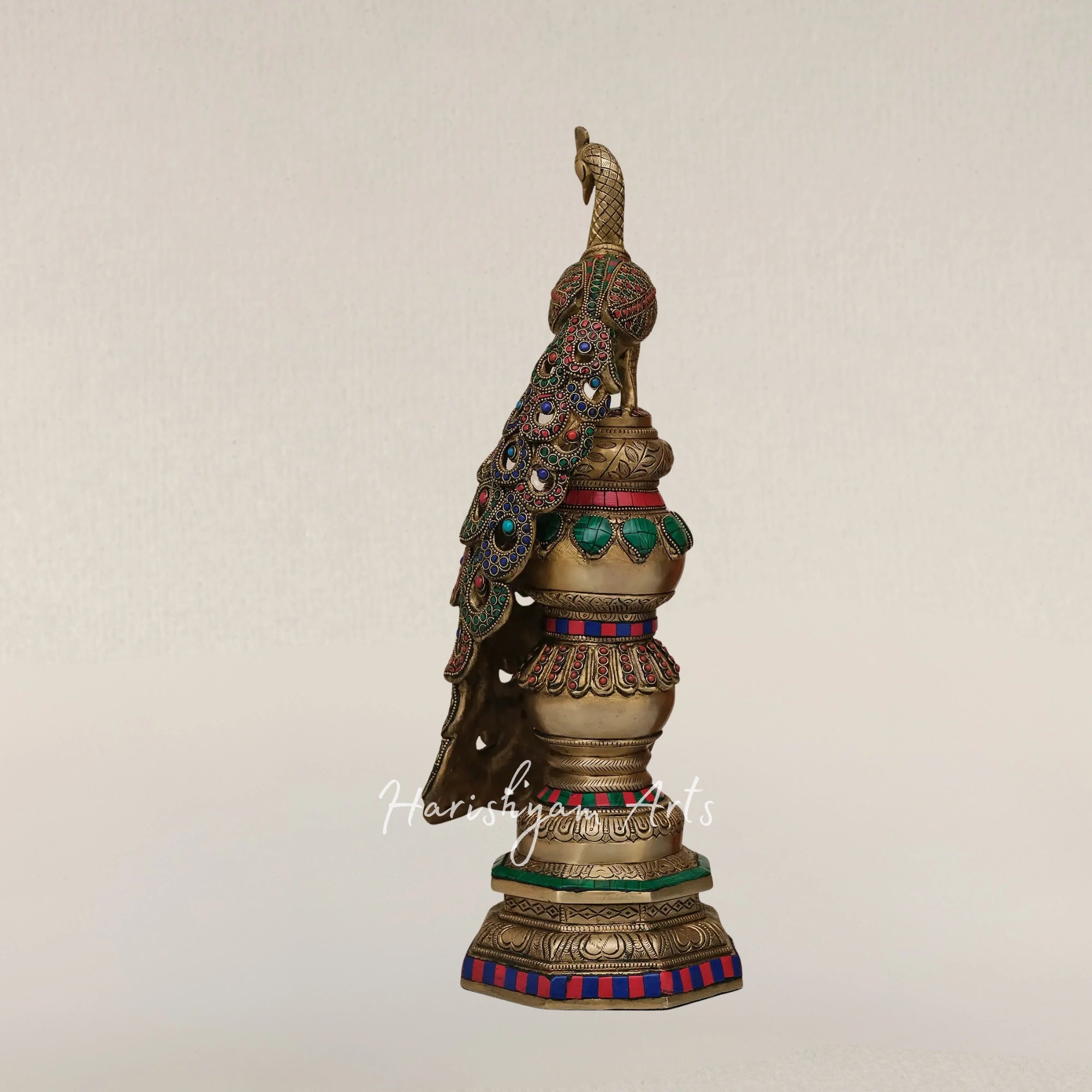 20" Handcrafted Brass Peacock Stambh Adorned with Intricate Inlay Detailing