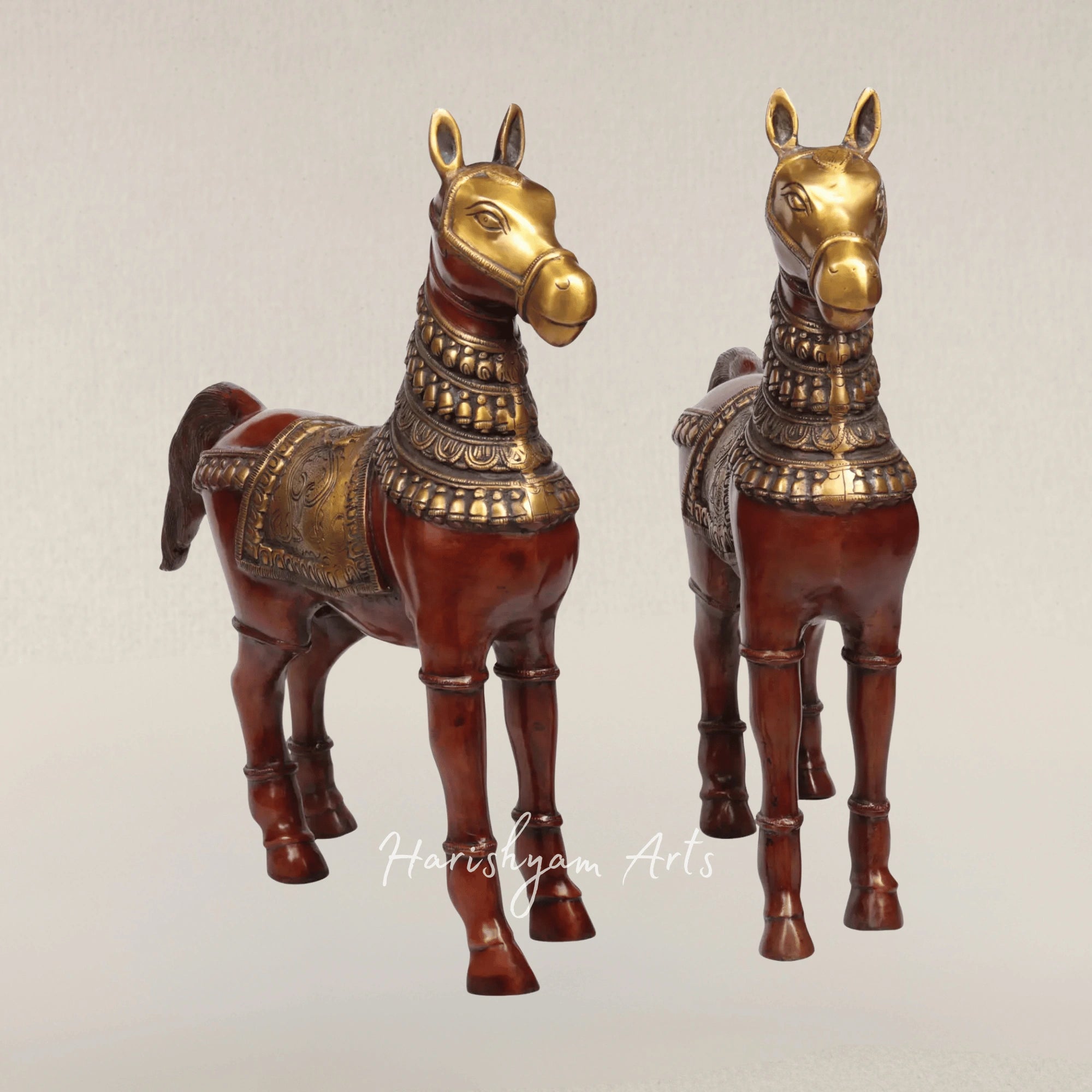 20" Handcrafted Brass Twin Horses Figurine Made in India