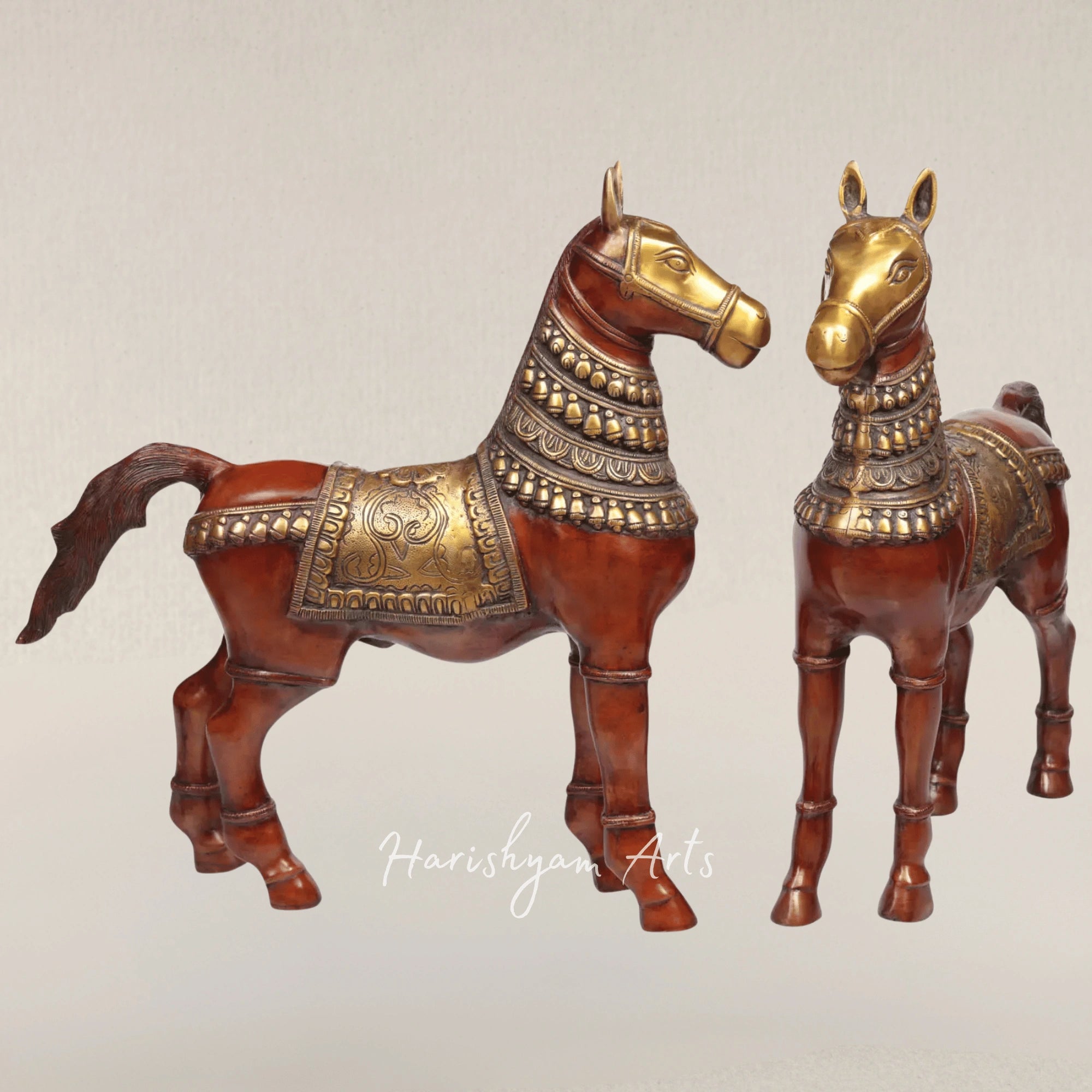 20" Handcrafted Brass Twin Horses Figurine Made in India