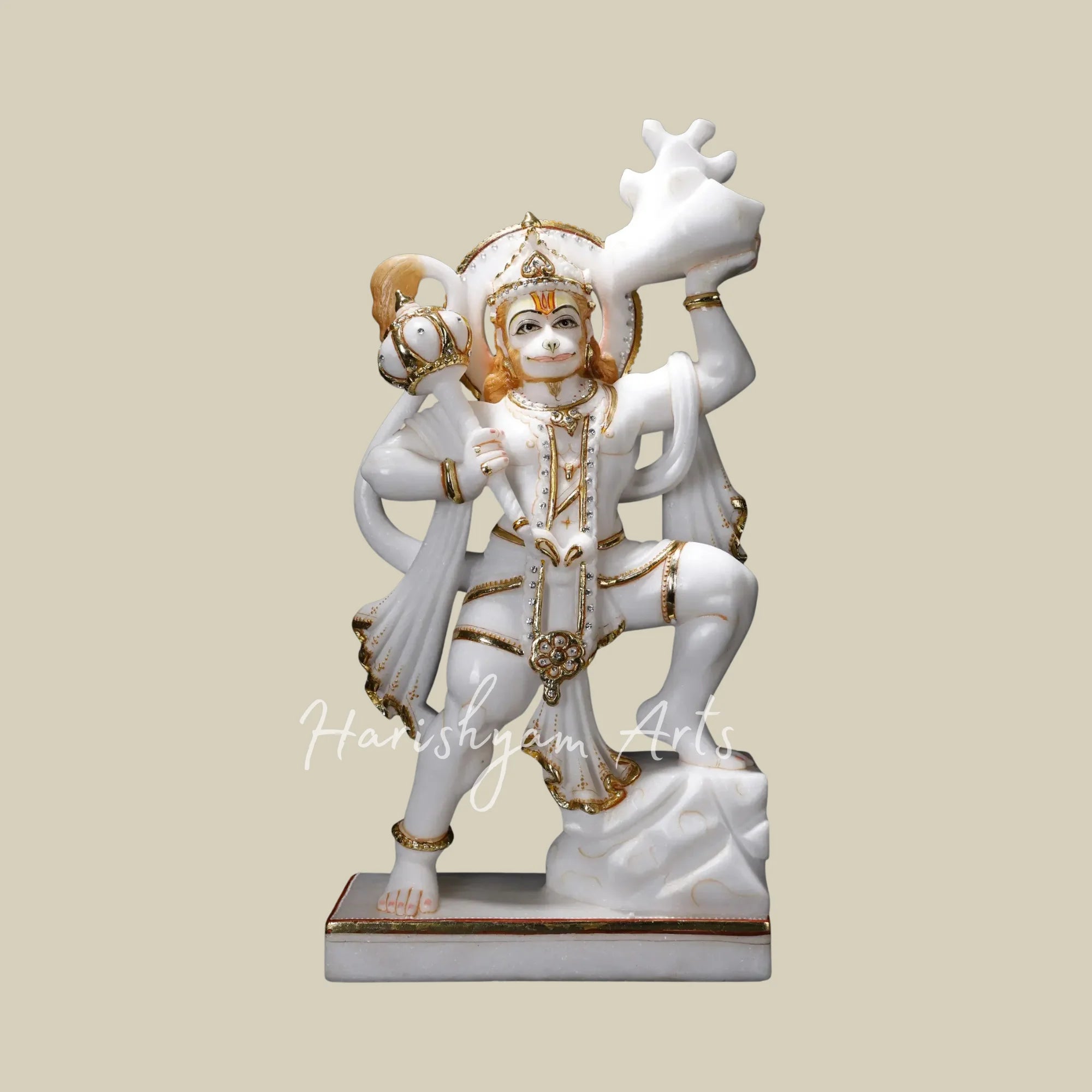 20" Handcrafted Marble Hanuman Mooti in Flying Pose with Sanjeevani Parvat and Ornate Golden Details