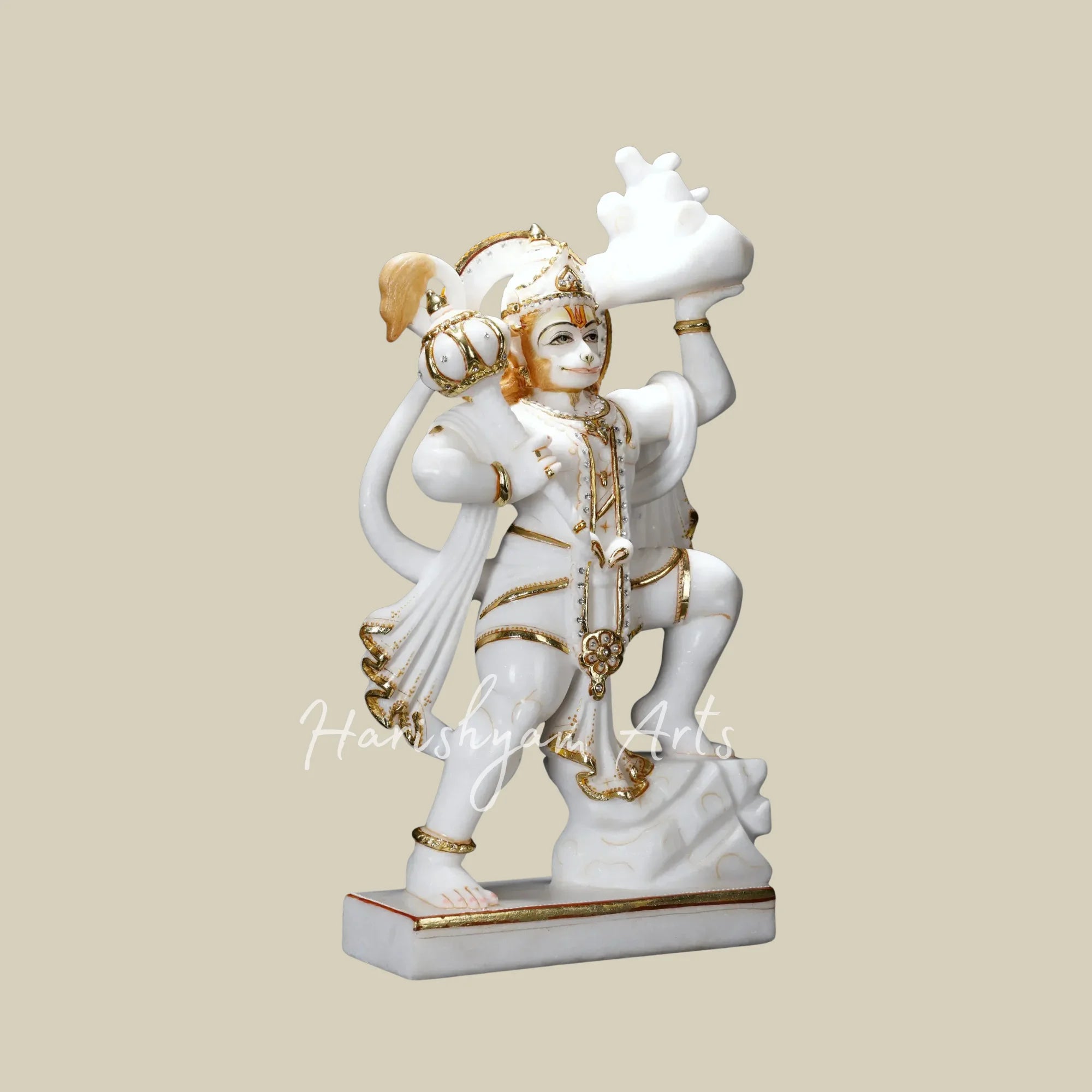 20" Handcrafted Marble Hanuman Mooti in Flying Pose with Sanjeevani Parvat and Ornate Golden Details