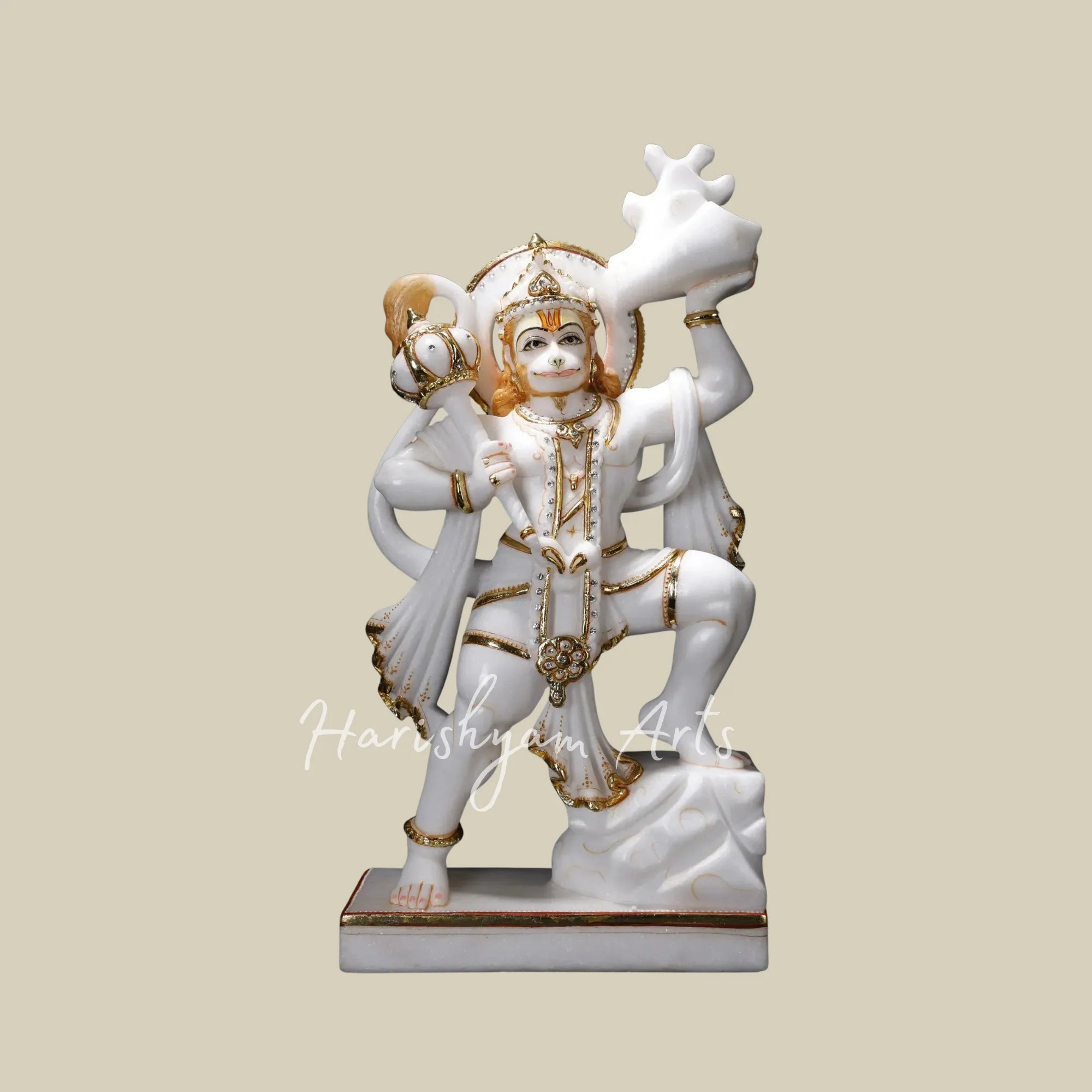 20" Handcrafted Marble Hanuman Mooti in Flying Pose with Sanjeevani Parvat and Ornate Golden Details