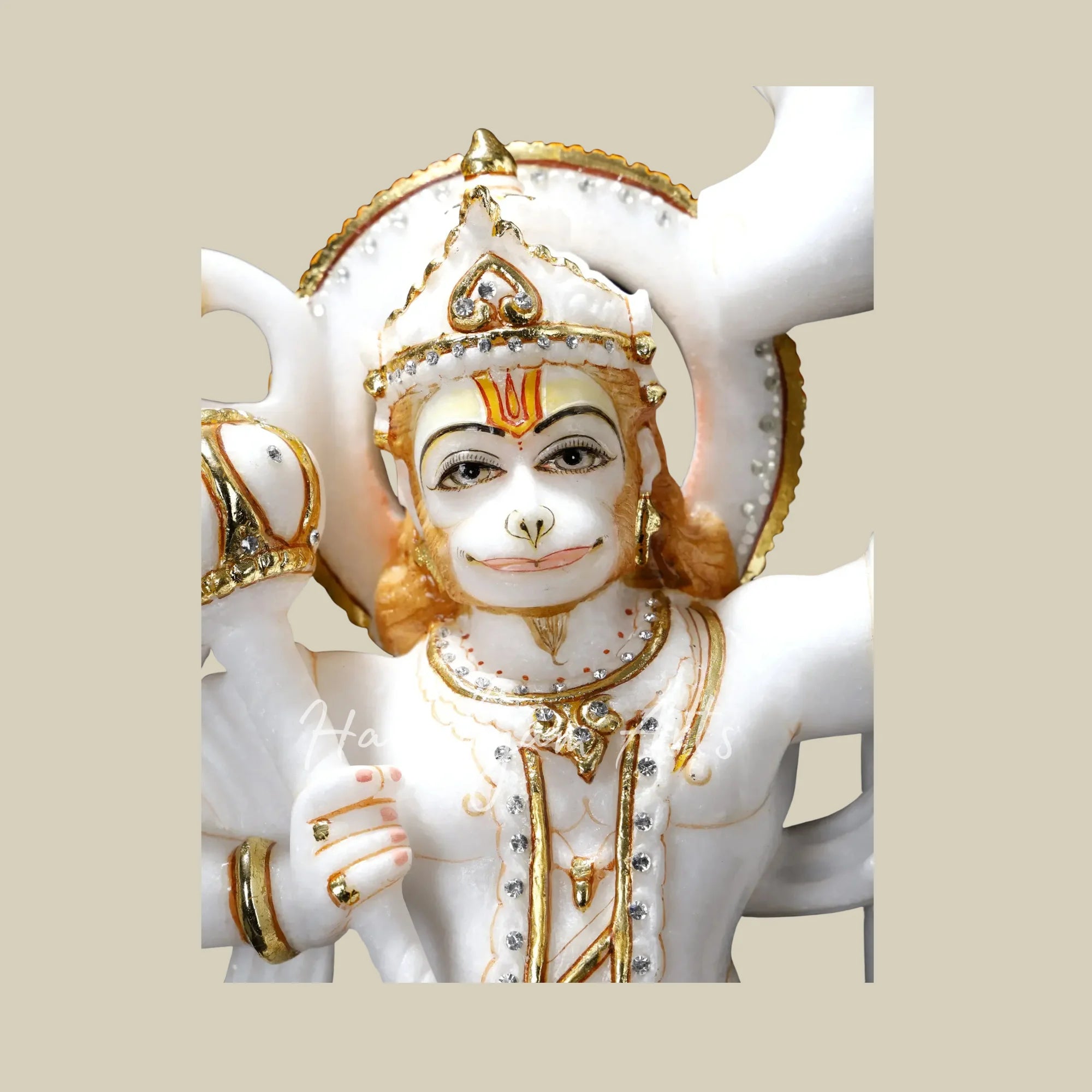 20" Handcrafted Marble Hanuman Mooti in Flying Pose with Sanjeevani Parvat and Ornate Golden Details