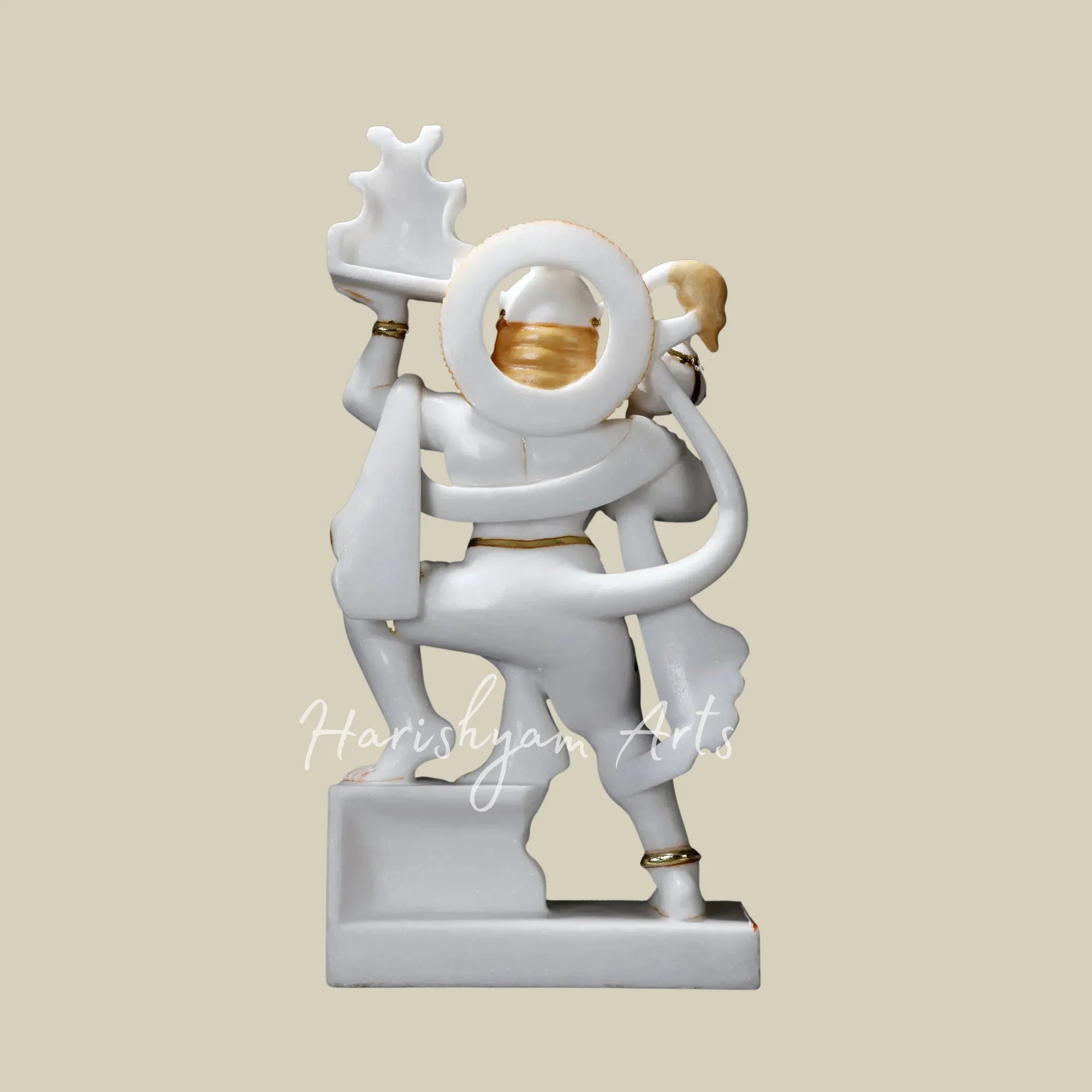 20" Handcrafted Marble Hanuman Mooti in Flying Pose with Sanjeevani Parvat and Ornate Golden Details