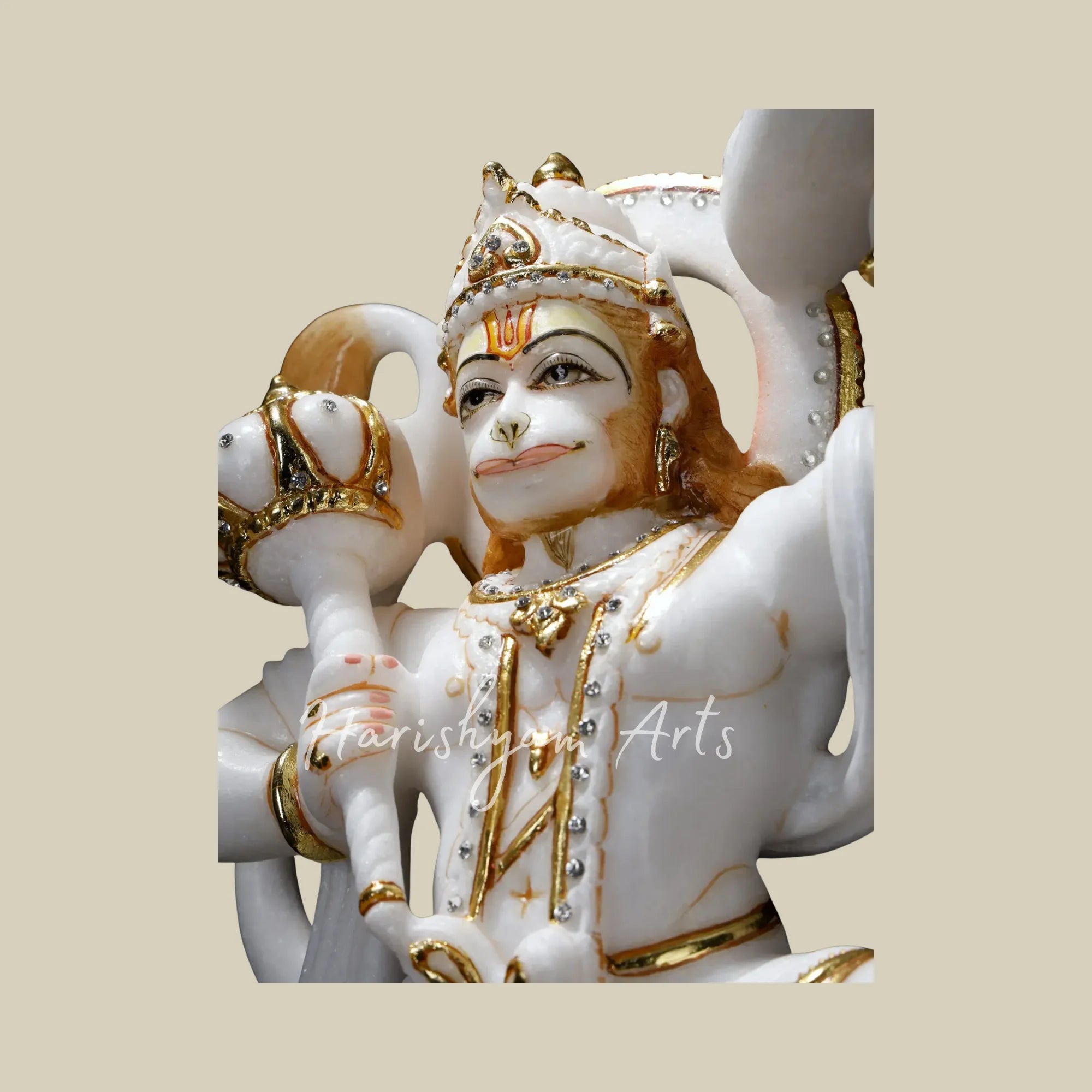 20" Handcrafted Marble Hanuman Mooti in Flying Pose with Sanjeevani Parvat and Ornate Golden Details