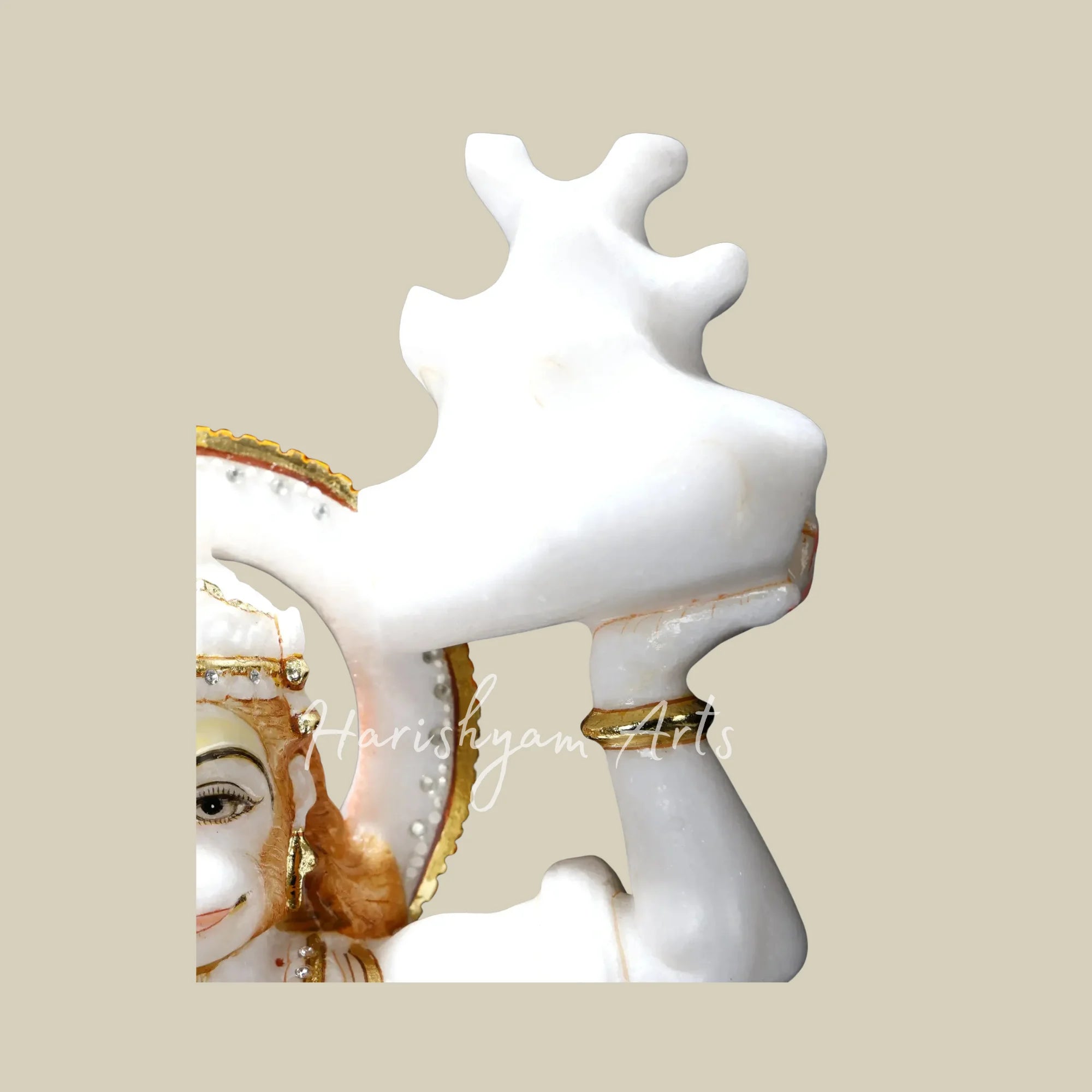 20" Handcrafted Marble Hanuman Mooti in Flying Pose with Sanjeevani Parvat and Ornate Golden Details