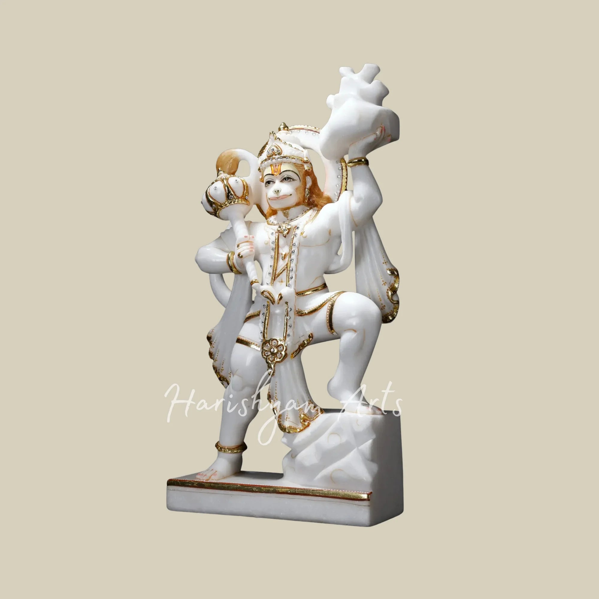 20" Handcrafted Marble Hanuman Mooti in Flying Pose with Sanjeevani Parvat and Ornate Golden Details