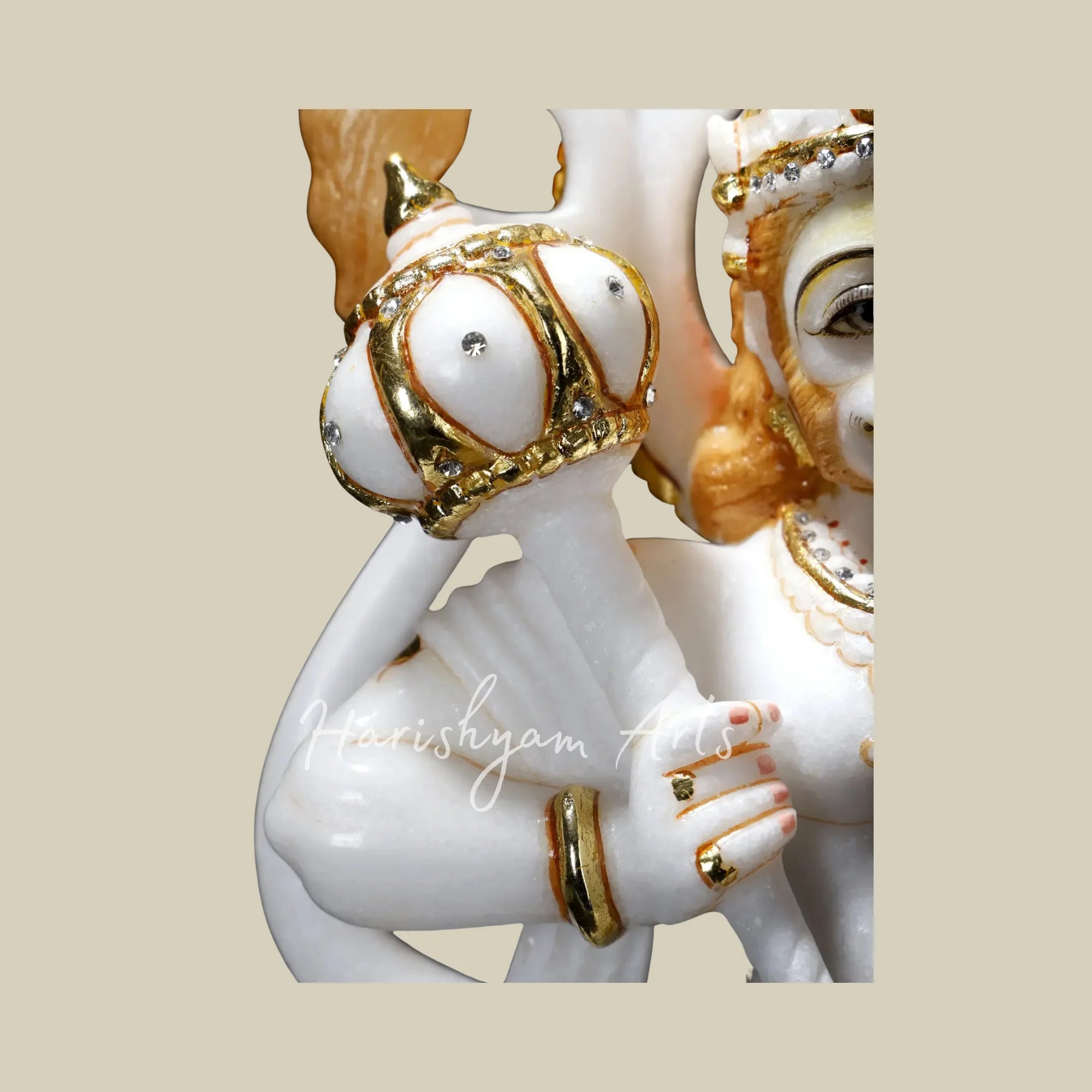 20" Handcrafted Marble Hanuman Mooti in Flying Pose with Sanjeevani Parvat and Ornate Golden Details