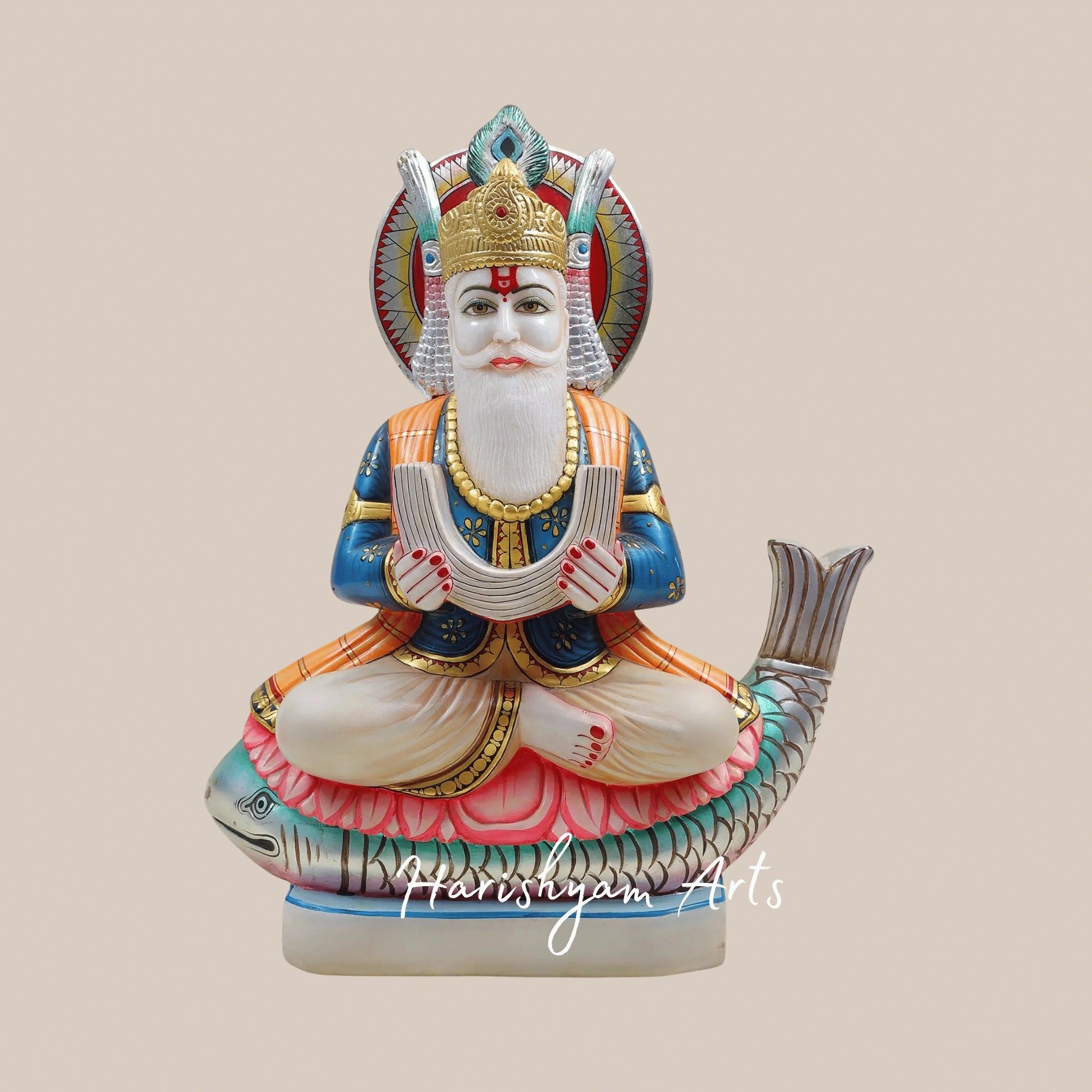 20" Jhulelal Ji Marble Idol For Home And Temple Décor Handcrafted In Pure Makrana Stone