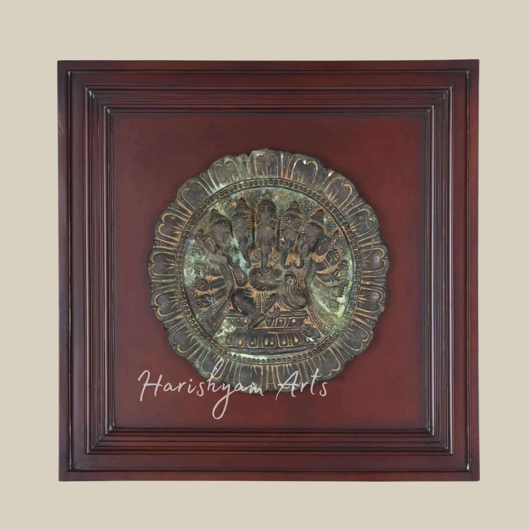 20" Panchamukhi Ganesha Brass Wall Art with Traditional Wooden Frame
