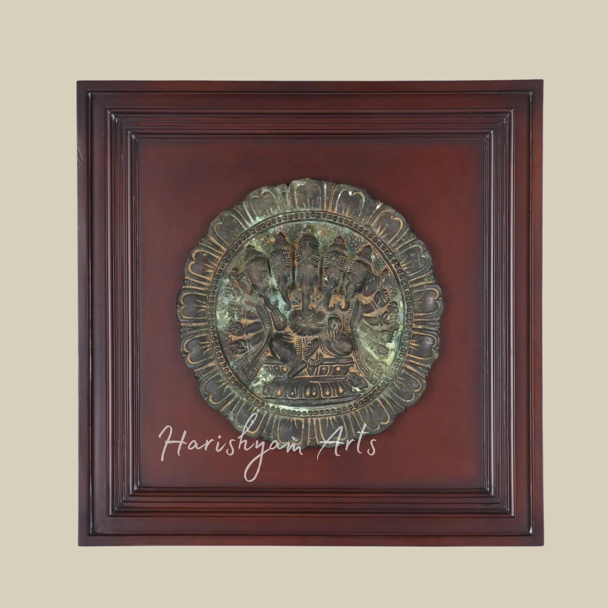 20" Panchamukhi Ganesha Brass Wall Art with Traditional Wooden Frame