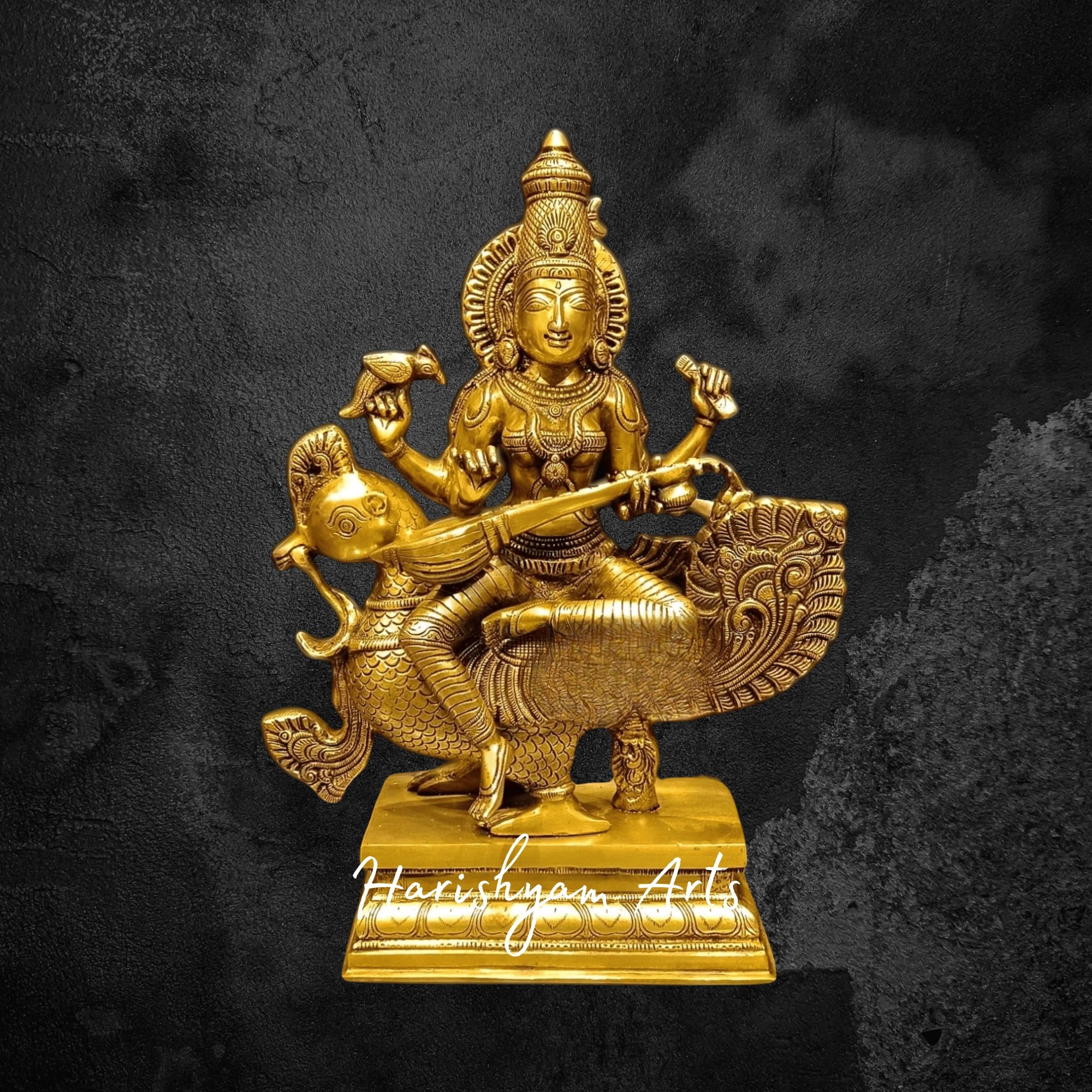 20" Pure Brass Goddess Saraswati Murti in Superfine Finish with Traditional Detailing