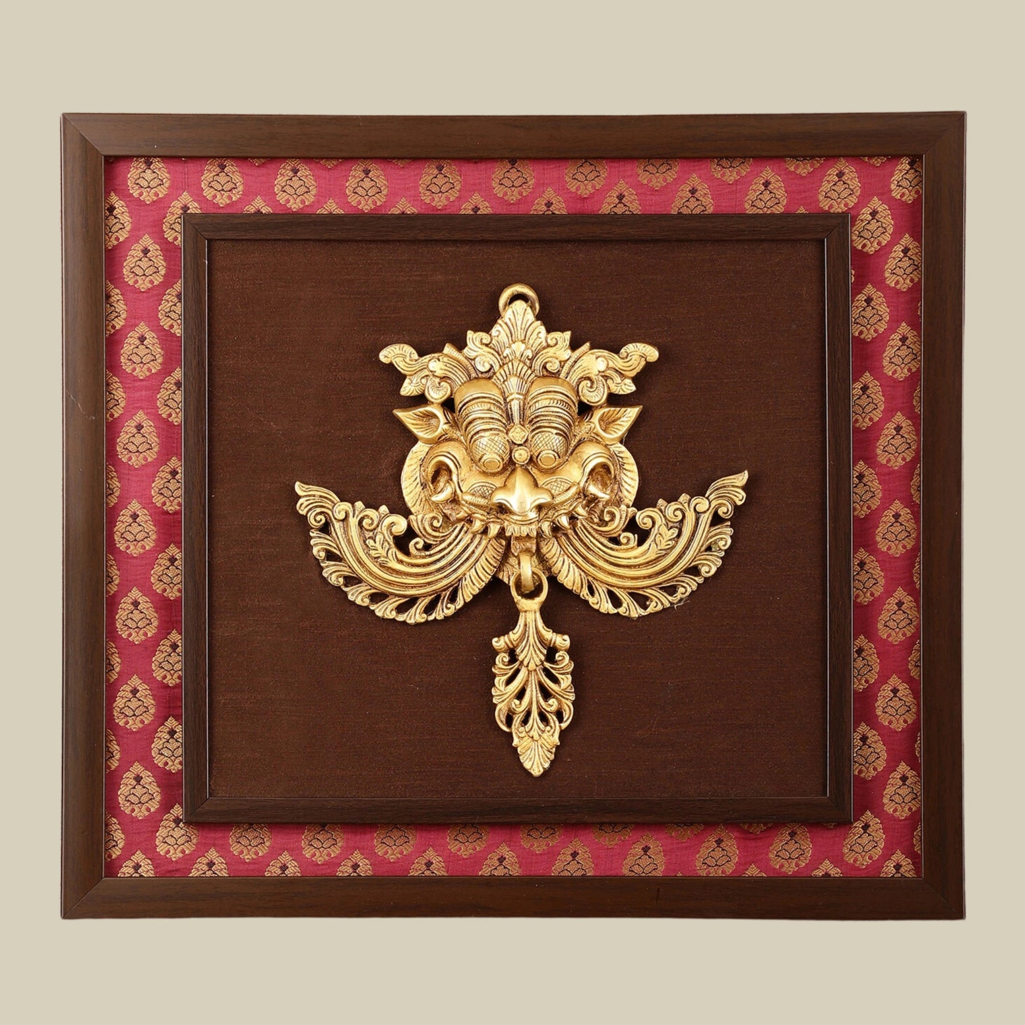 20" Pure Brass Kirtimukha Yali Face on Wooden Frame Premium Fabric Backing