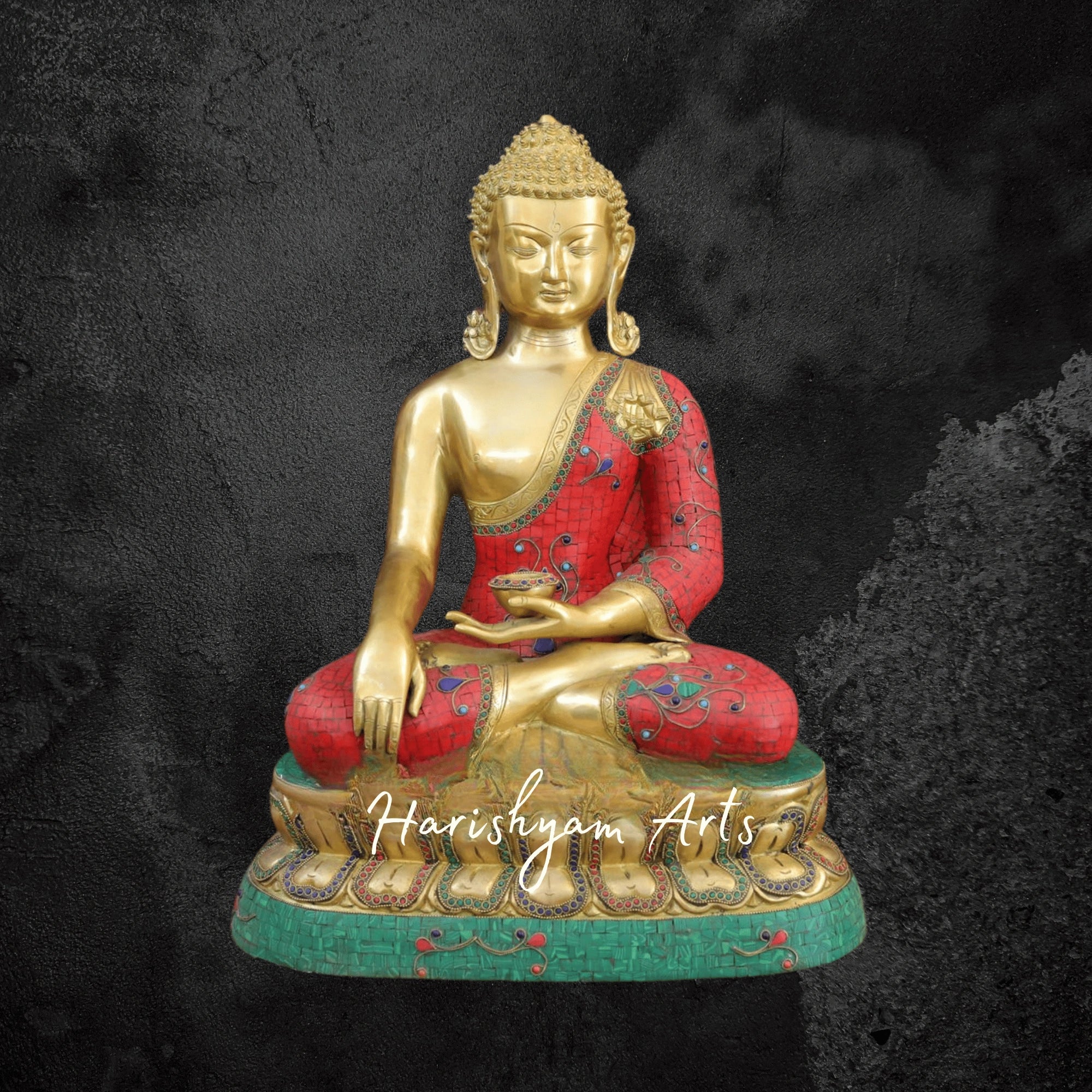 20" Thai Brass Buddha Statue Seated with Golden and Stonework Detailing