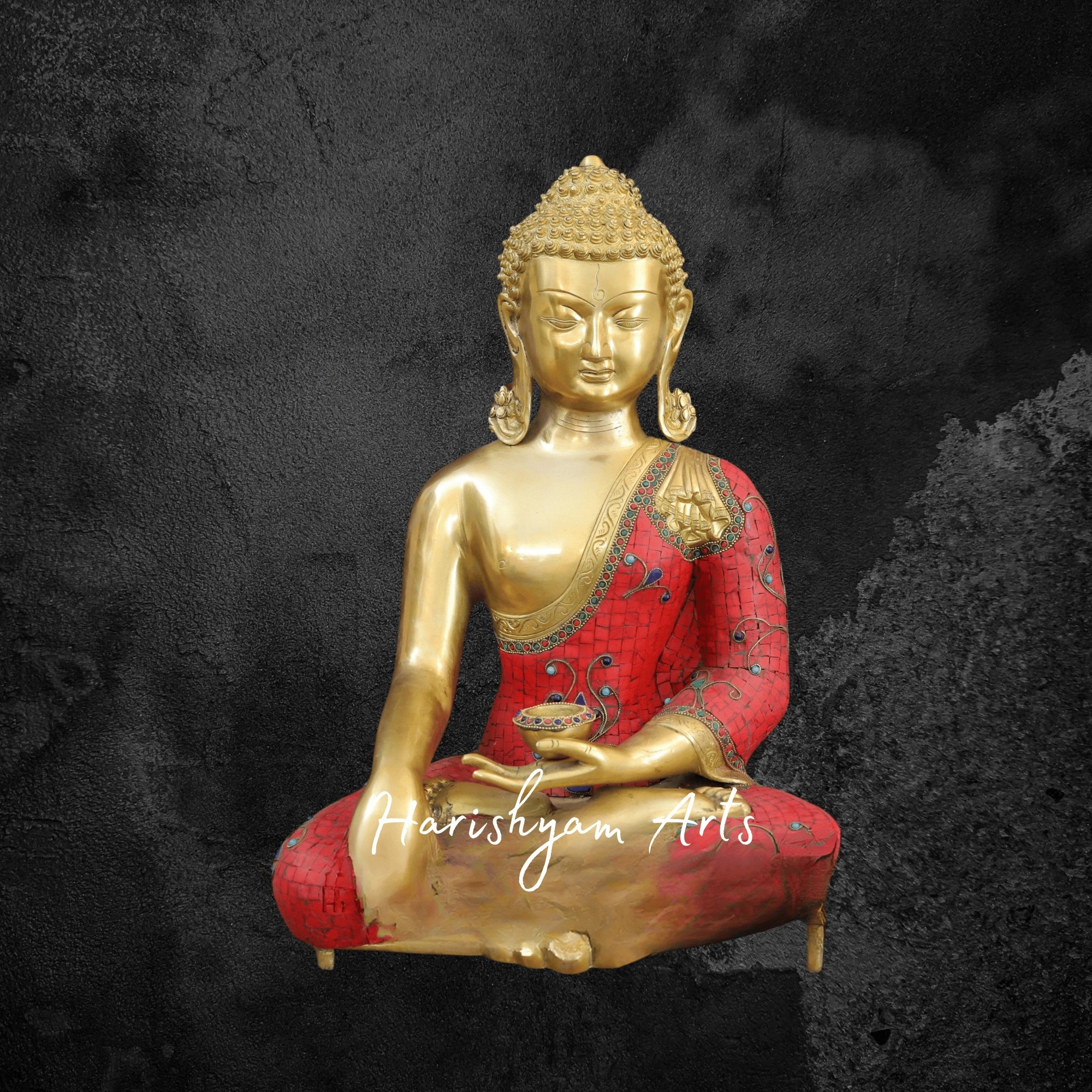 20" Thai Brass Buddha Statue Seated with Golden and Stonework Detailing