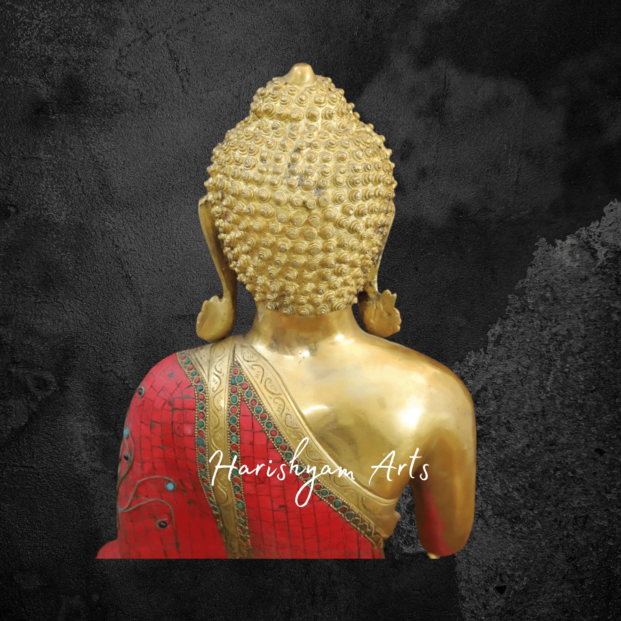 20" Thai Brass Buddha Statue Seated with Golden and Stonework Detailing