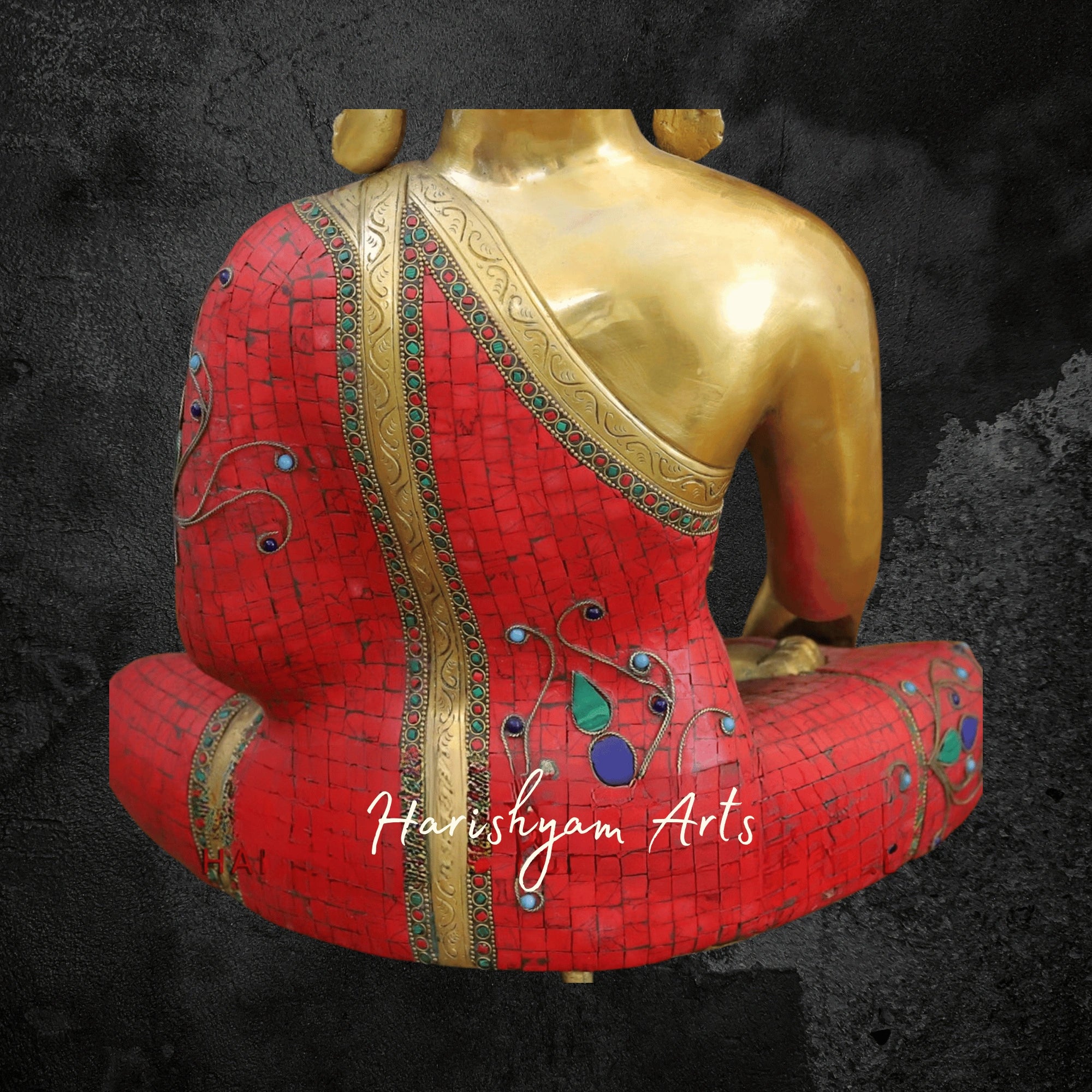 20" Thai Brass Buddha Statue Seated with Golden and Stonework Detailing