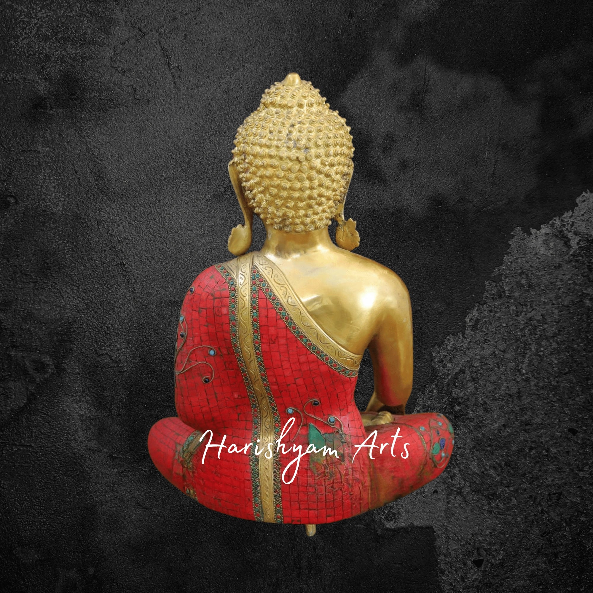 20" Thai Brass Buddha Statue Seated with Golden and Stonework Detailing