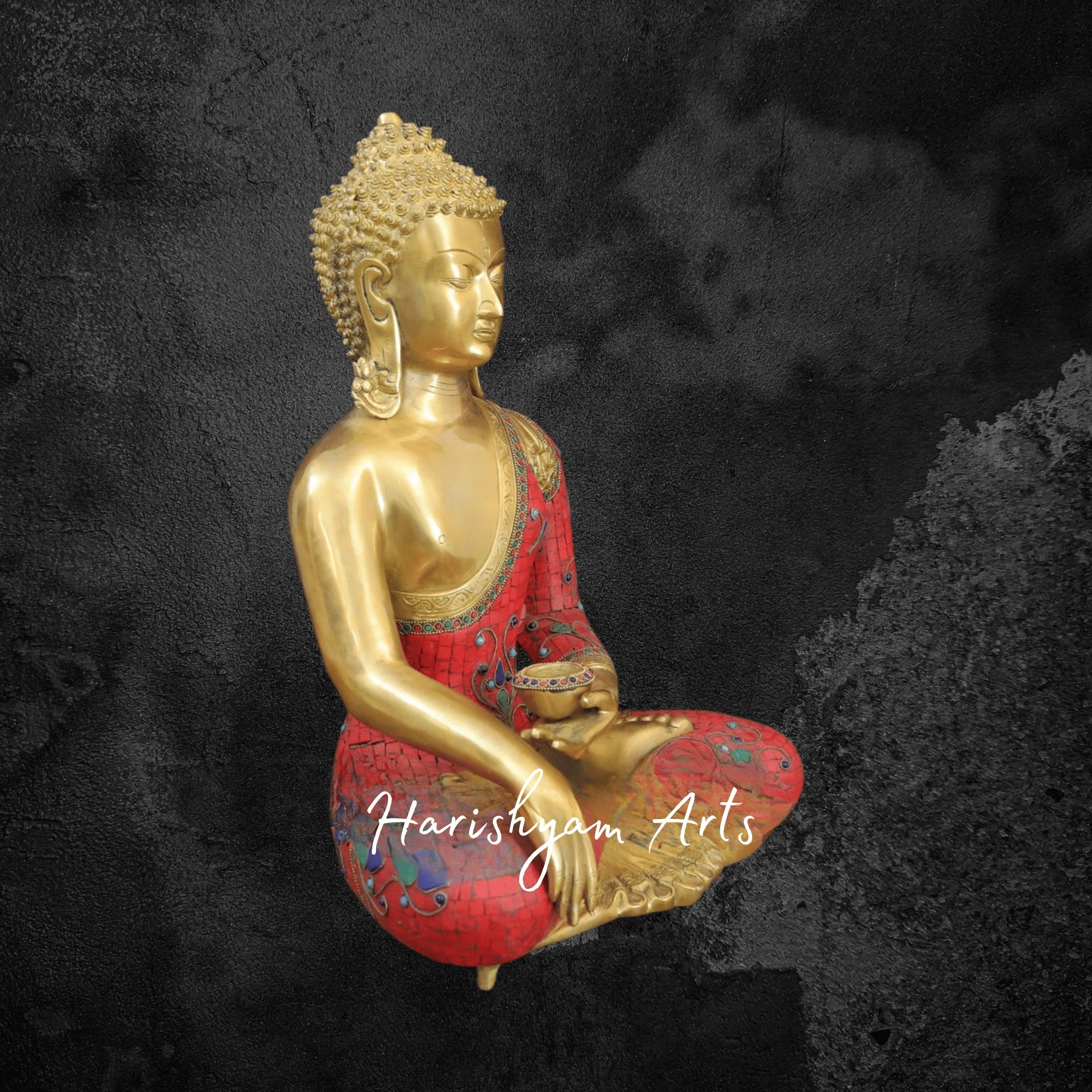 20" Thai Brass Buddha Statue Seated with Golden and Stonework Detailing