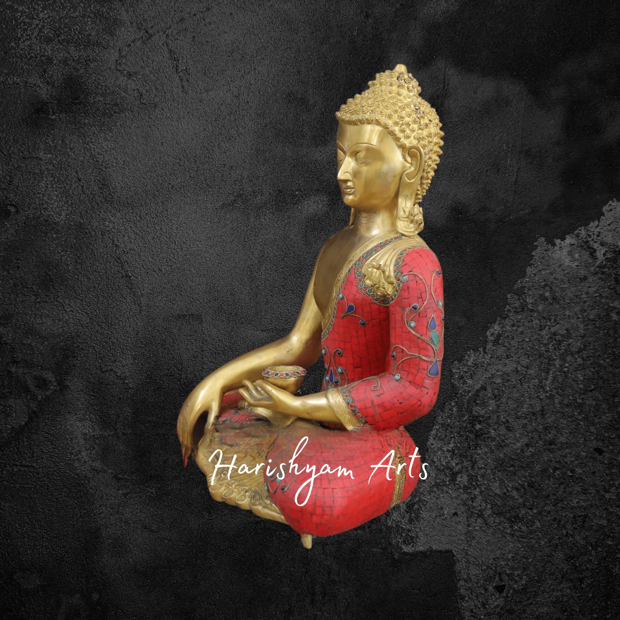 20" Thai Brass Buddha Statue Seated with Golden and Stonework Detailing