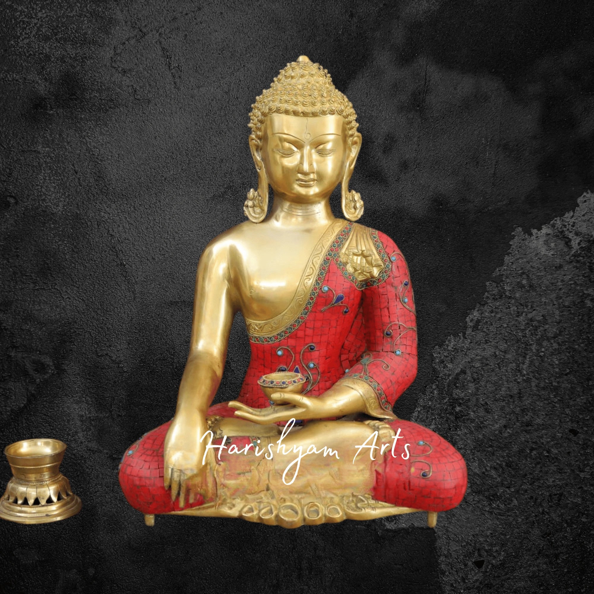 20" Thai Brass Buddha Statue Seated with Golden and Stonework Detailing