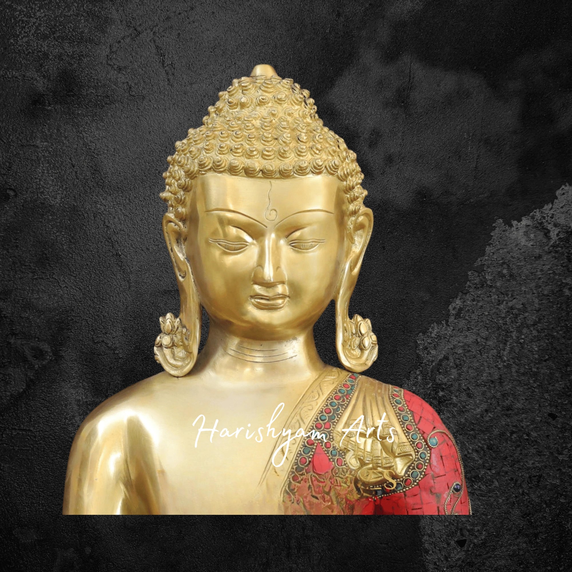 20" Thai Brass Buddha Statue Seated with Golden and Stonework Detailing