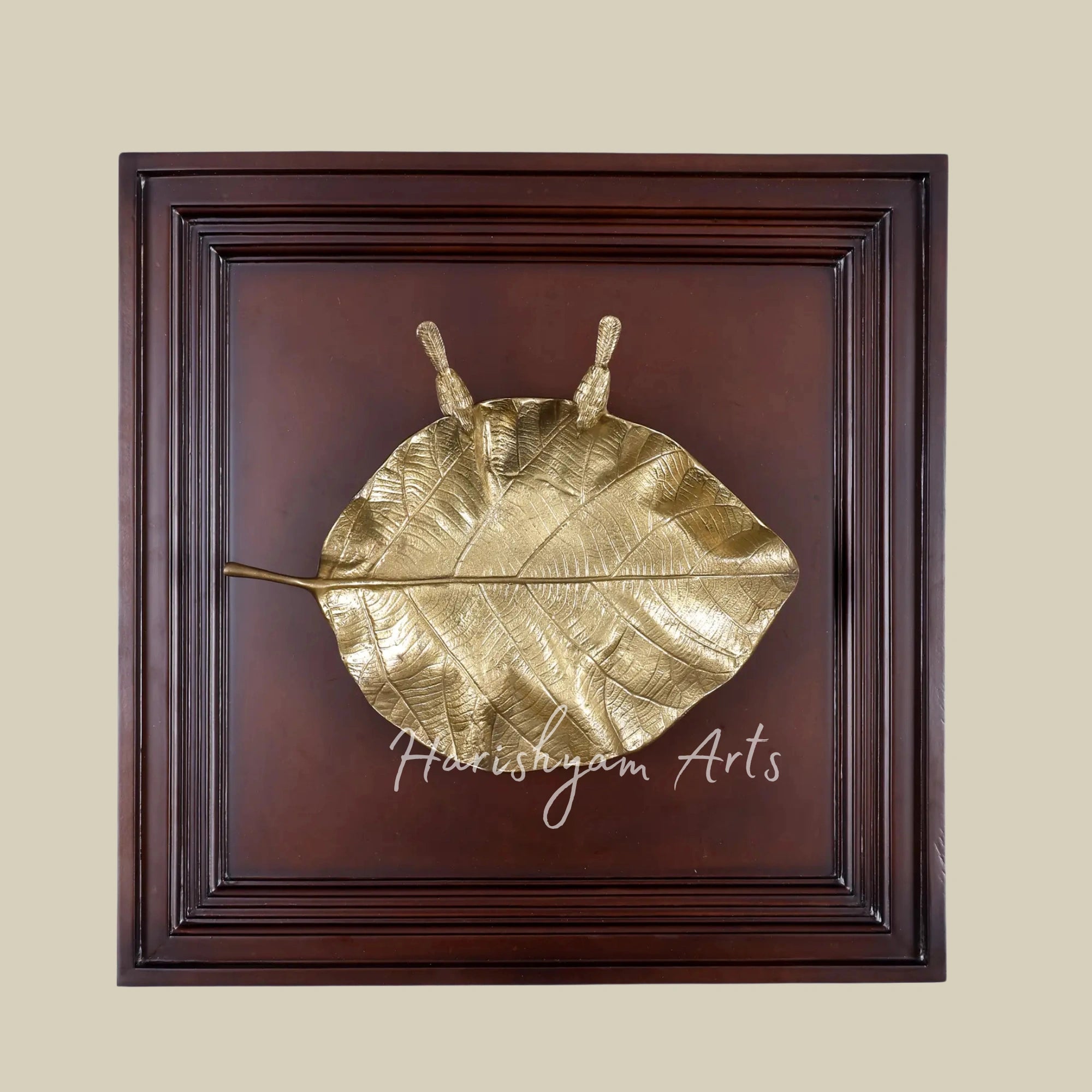 20"  Brass Pipal Leaf Urli Wall Decor with Wooden Frame
