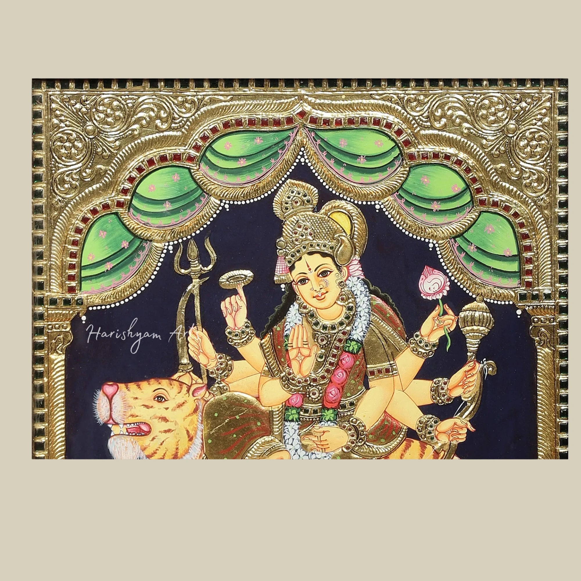 21" Ashtabhuja Durga Tanjore Painting with Vibrant Colors and Teakwood Frame