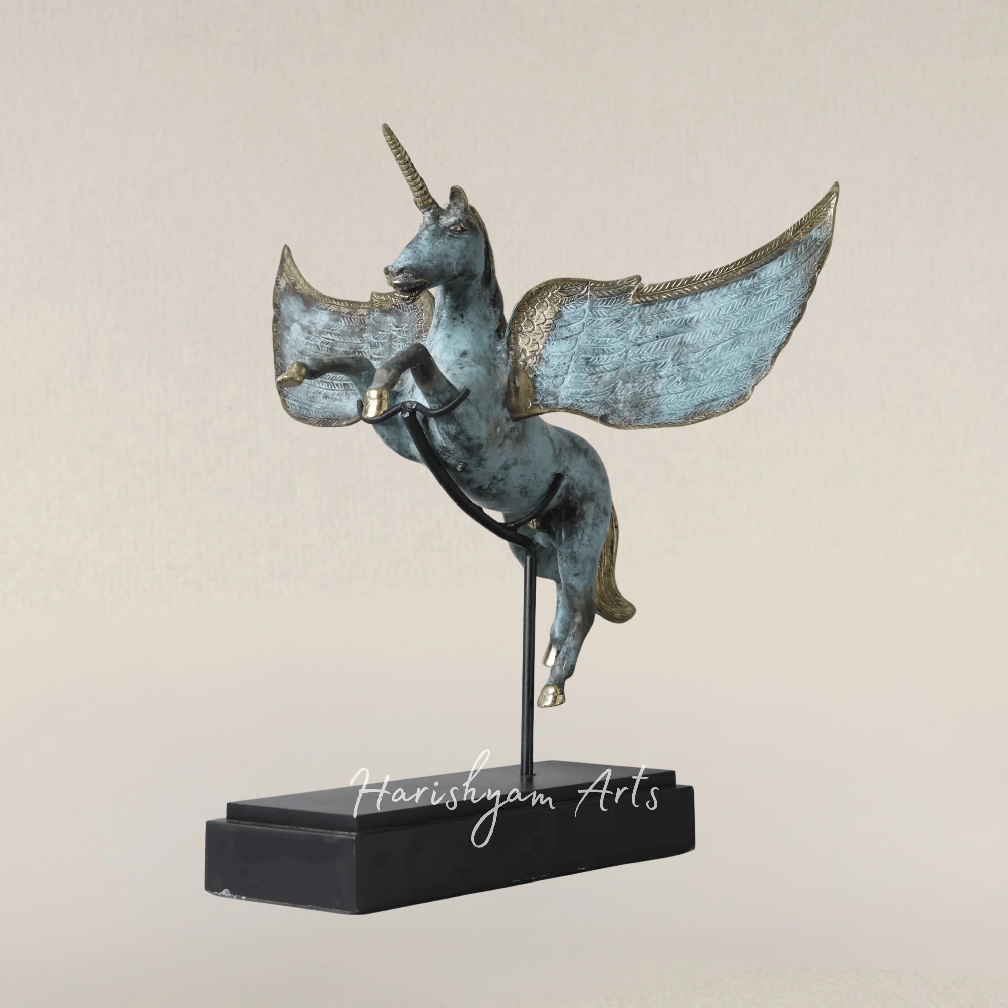 21" Brass Unicorn Statue on Wooden Base Artisan Showpiece from Indonesia