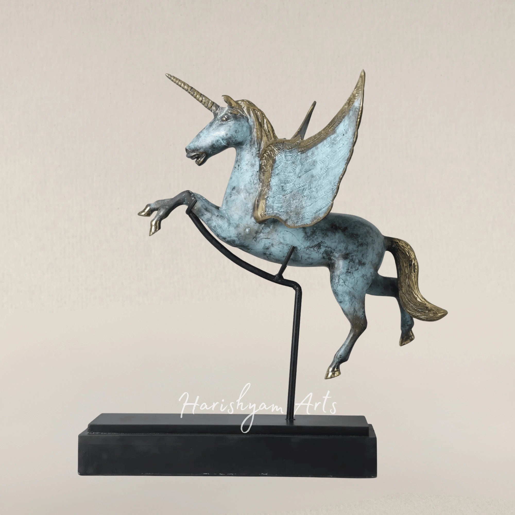 21" Brass Unicorn Statue on Wooden Base Artisan Showpiece from Indonesia