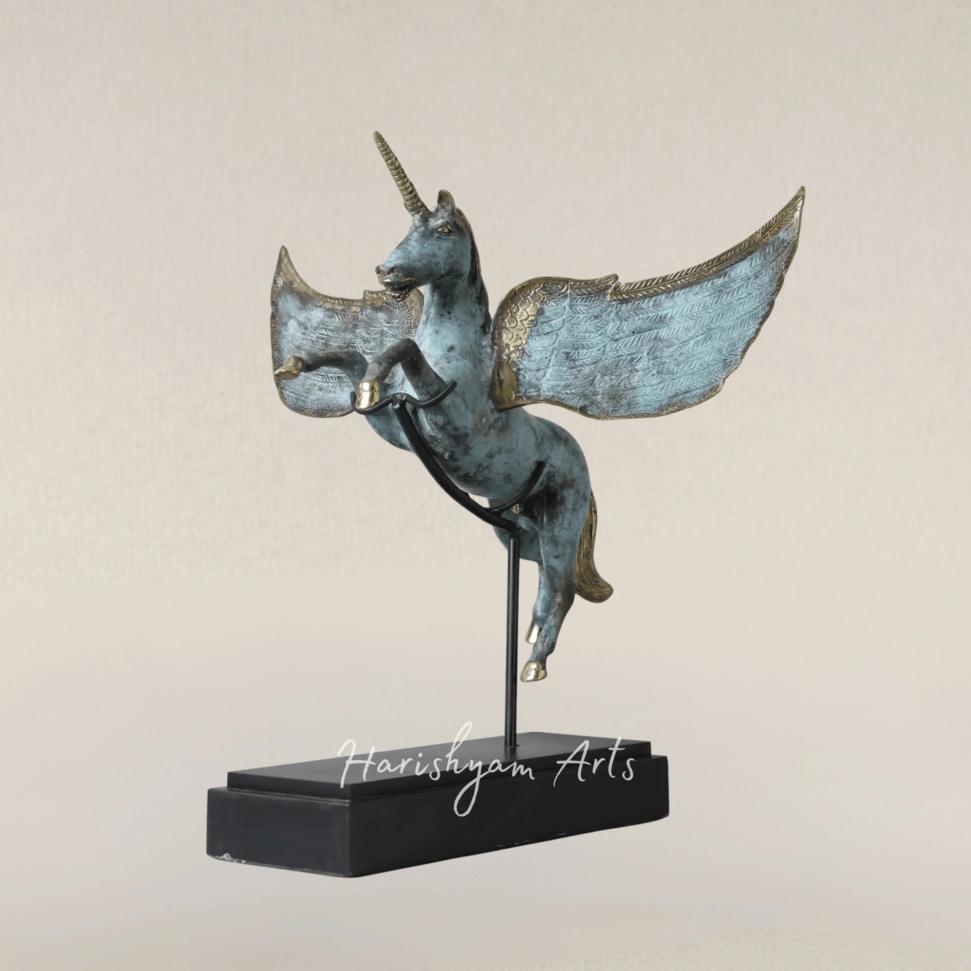 21" Brass Unicorn Statue on Wooden Base Artisan Showpiece from Indonesia