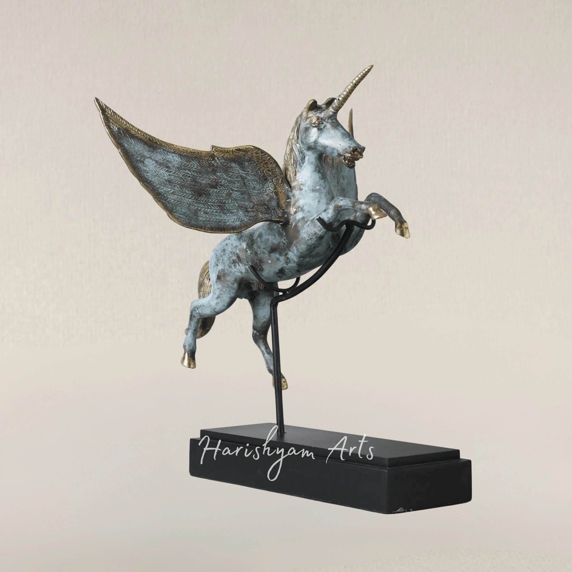 21" Brass Unicorn Statue on Wooden Base Artisan Showpiece from Indonesia