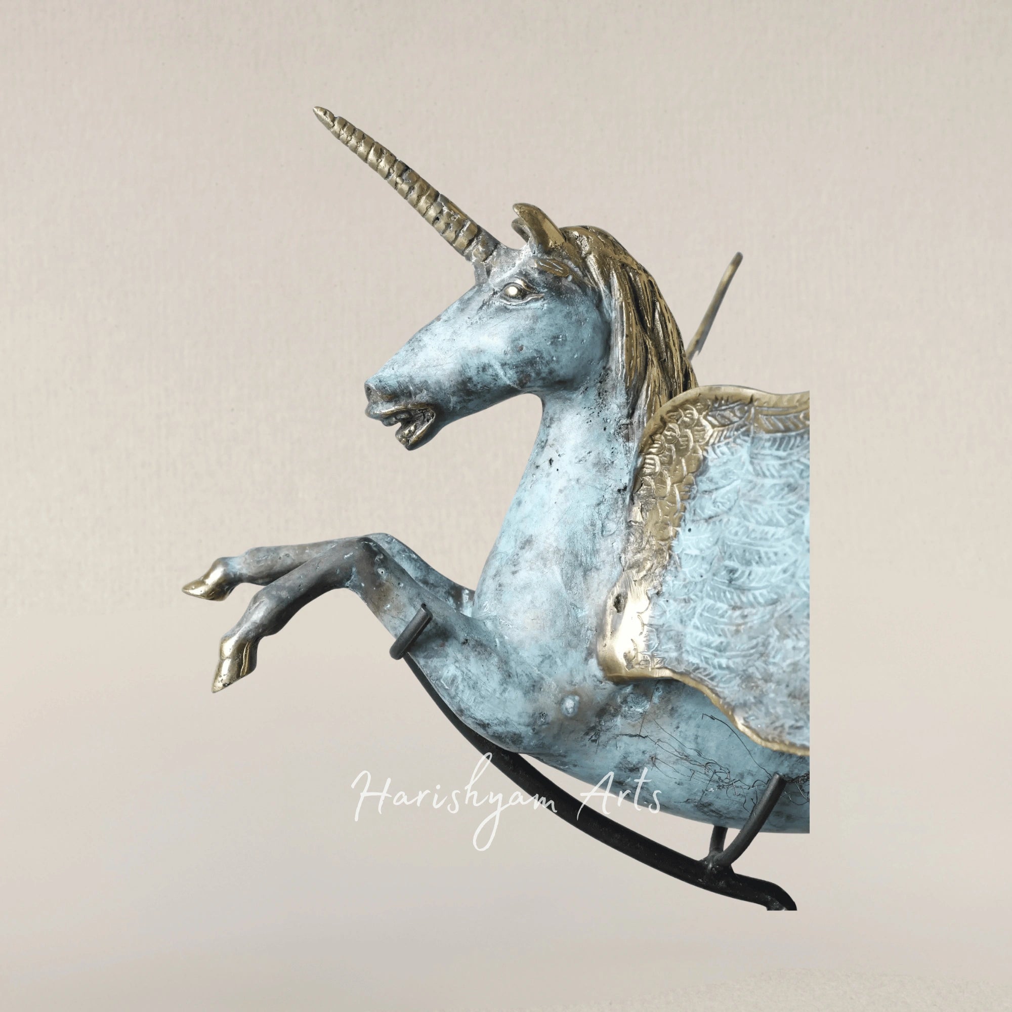 21" Brass Unicorn Statue on Wooden Base Artisan Showpiece from Indonesia