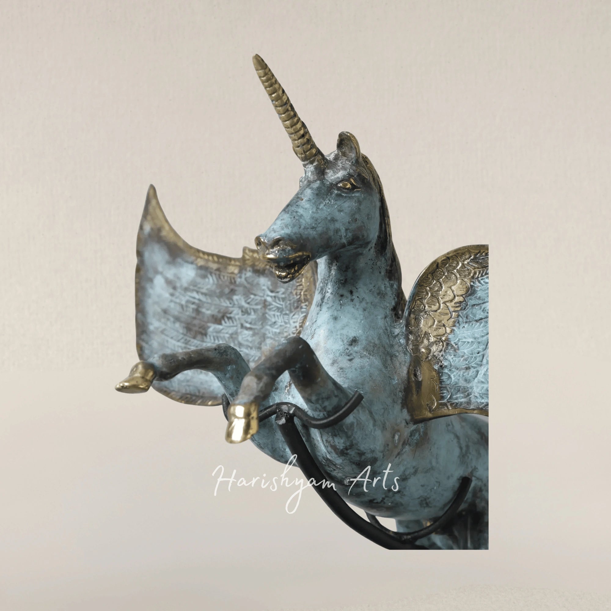21" Brass Unicorn Statue on Wooden Base Artisan Showpiece from Indonesia