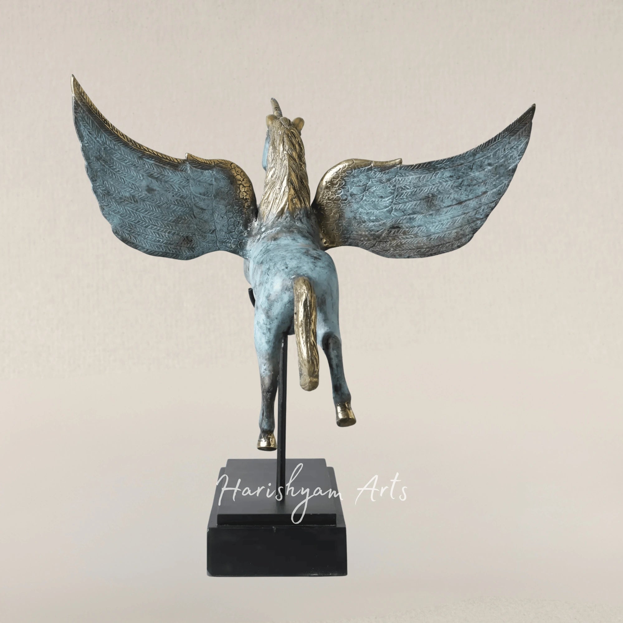 21" Brass Unicorn Statue on Wooden Base Artisan Showpiece from Indonesia