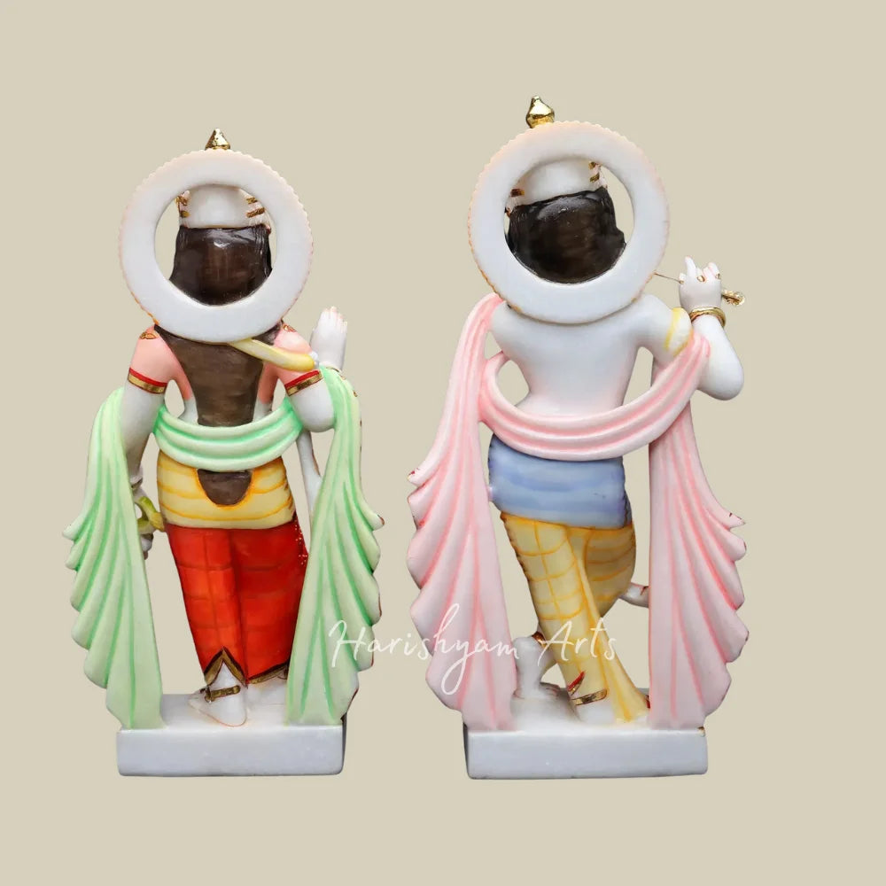 21" Colored Marble Radha Krishna Statue Pair with Flute Golden Crowns and Traditional Attire
