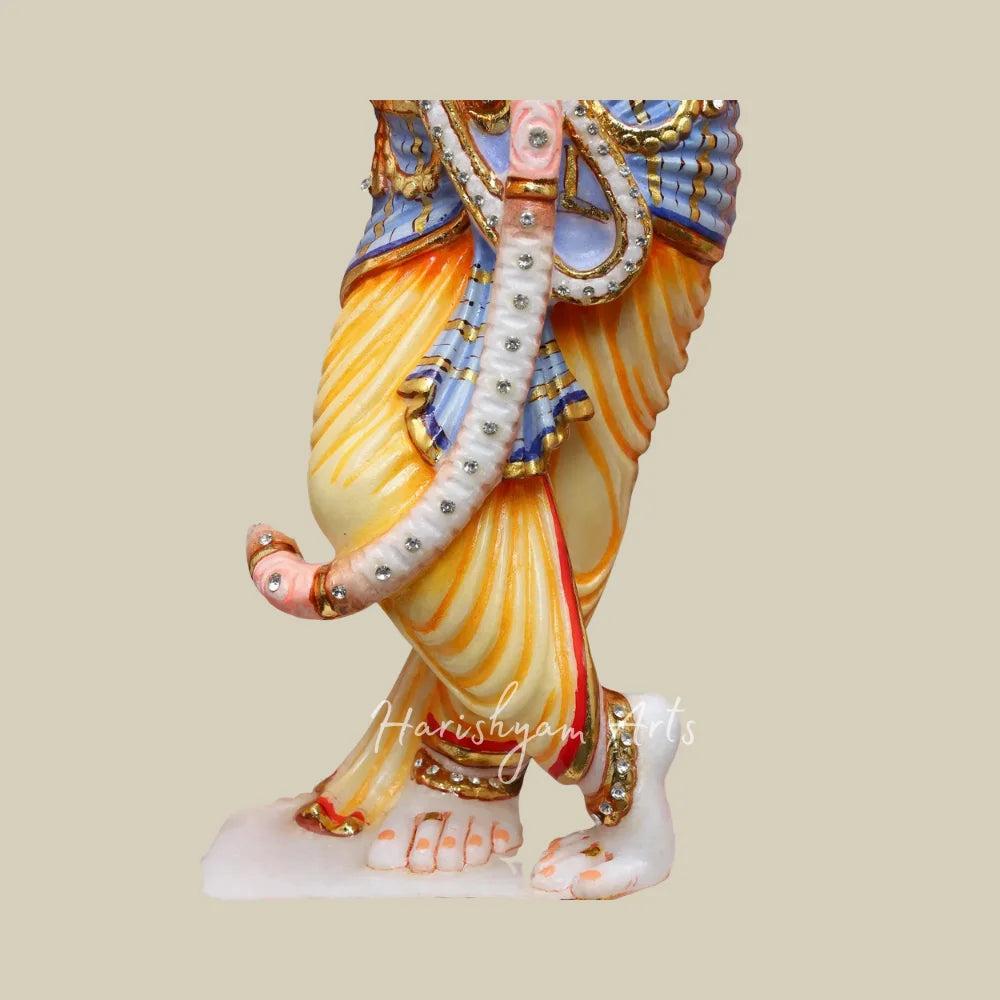 21" Colored Marble Radha Krishna Statue Pair with Flute Golden Crowns and Traditional Attire
