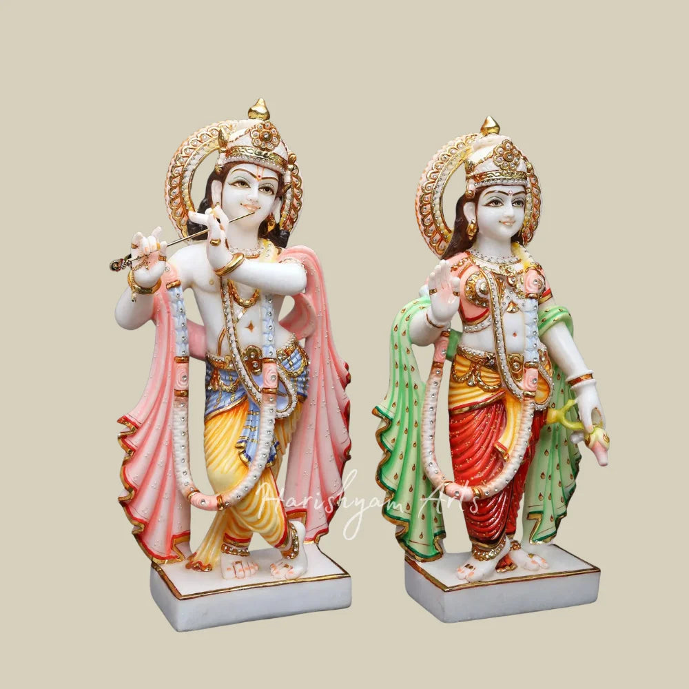 21" Colored Marble Radha Krishna Statue Pair with Flute Golden Crowns and Traditional Attire