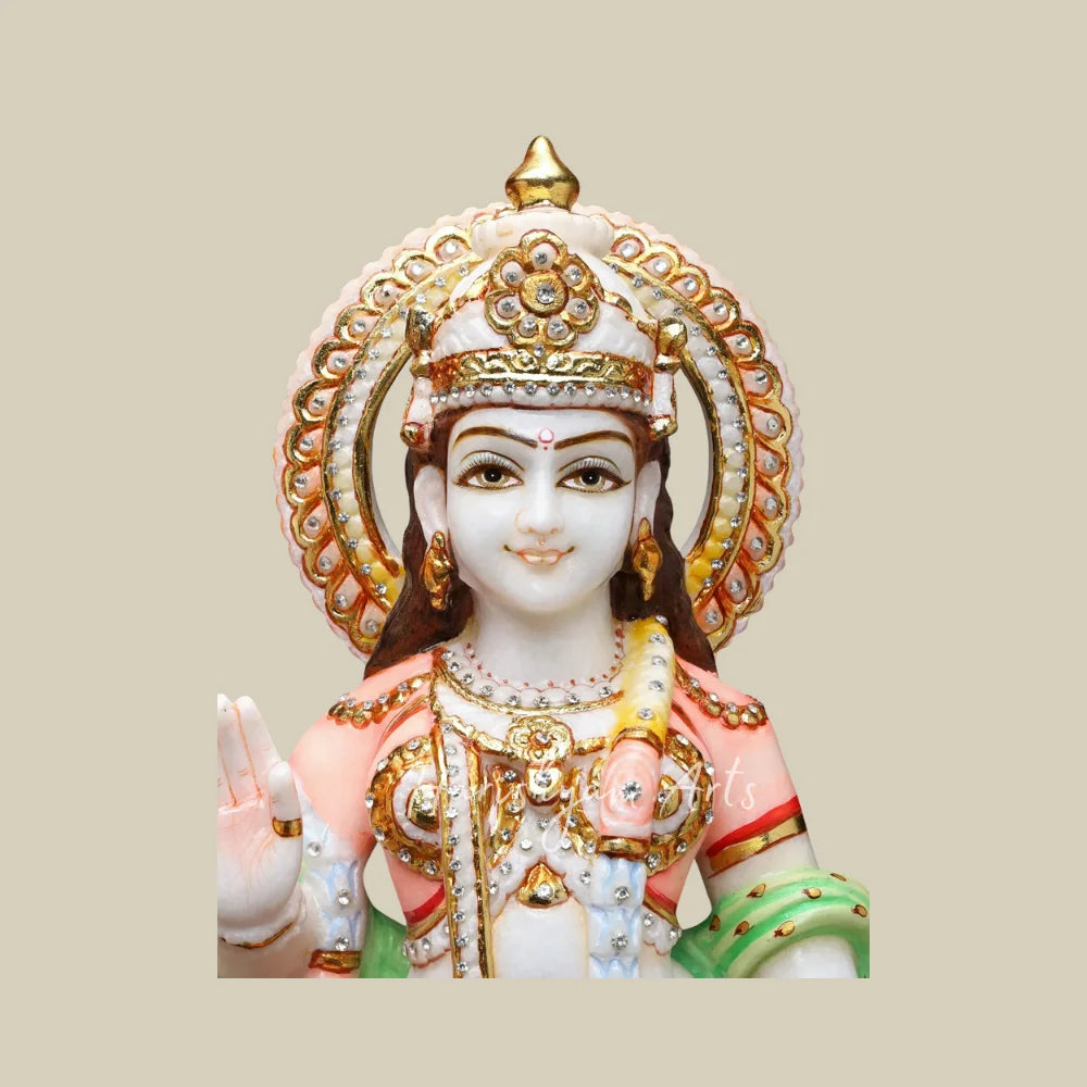 21" Colored Marble Radha Krishna Statue Pair with Flute Golden Crowns and Traditional Attire