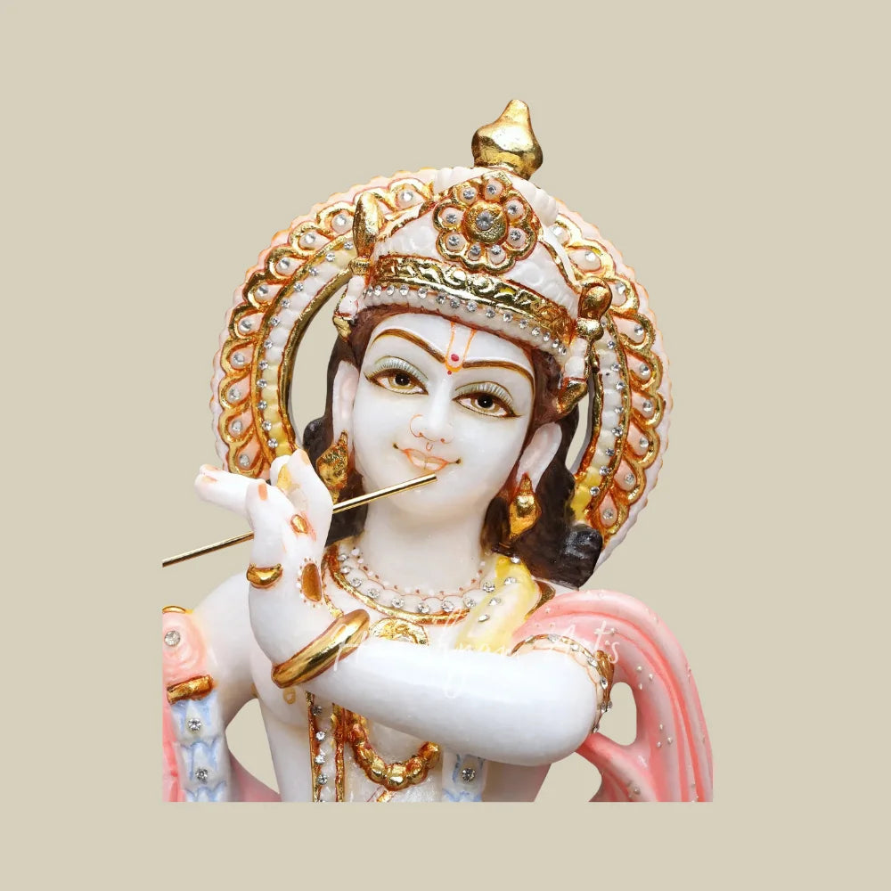 21" Colored Marble Radha Krishna Statue Pair with Flute Golden Crowns and Traditional Attire