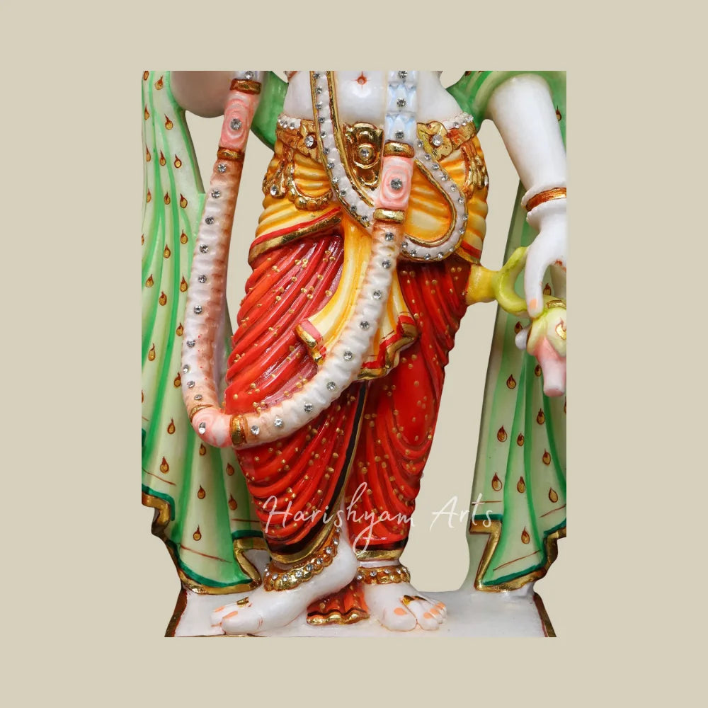 21" Colored Marble Radha Krishna Statue Pair with Flute Golden Crowns and Traditional Attire